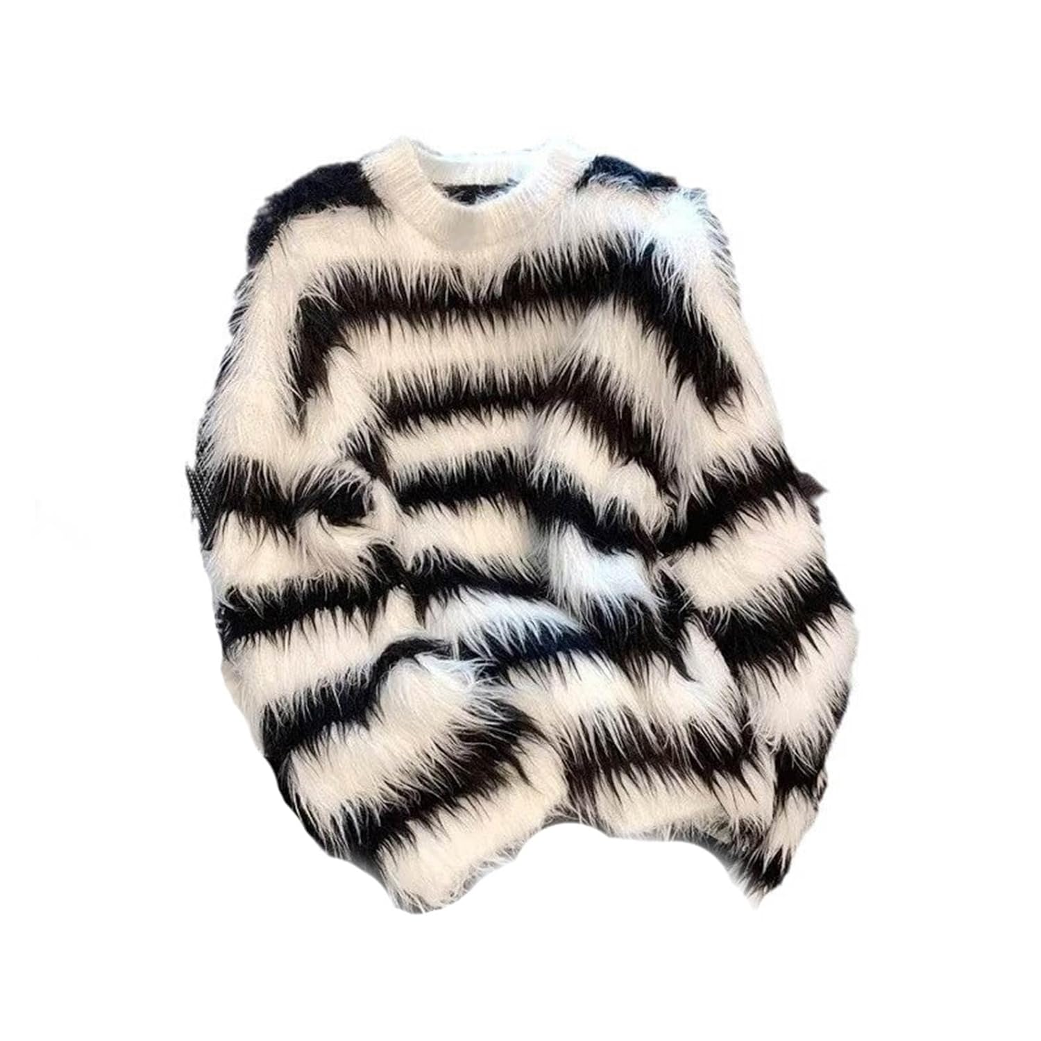 Black White Stripes Faux Mink Fur Sweater Casual Loose Plush Knitwear Trendy Outerwear for Autumn Winter