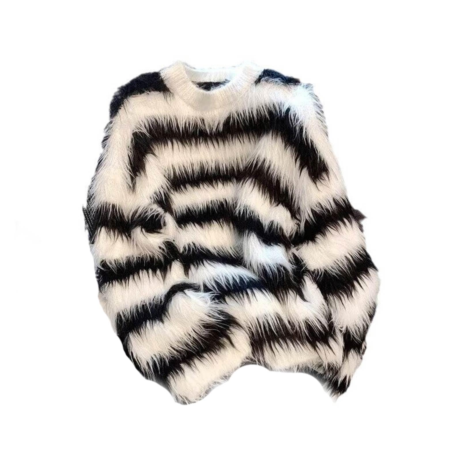 Black White Stripes Faux Mink Fur Sweater Casual Loose Plush Knitwear Trendy Outerwear for Autumn Winter
