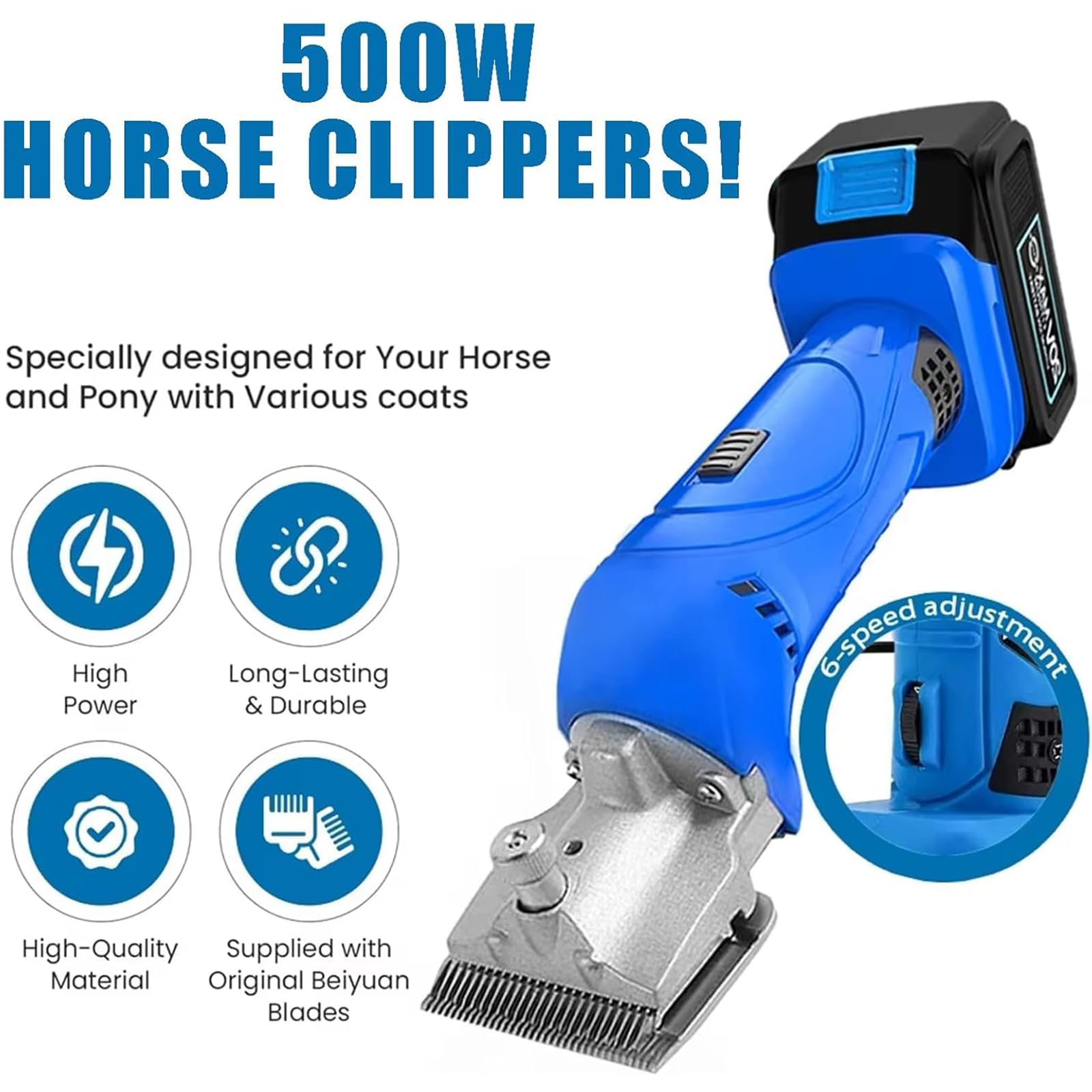 Esquiladora Inalámbrica para Caballos 500W, Cortadora Eléctrica de Grooming con 2 Baterías, Ajustable en 6 Velocidades, Cuchillas Desmontables de Acero al Carbono, para Caballos y Ponis de Pelo Grueso