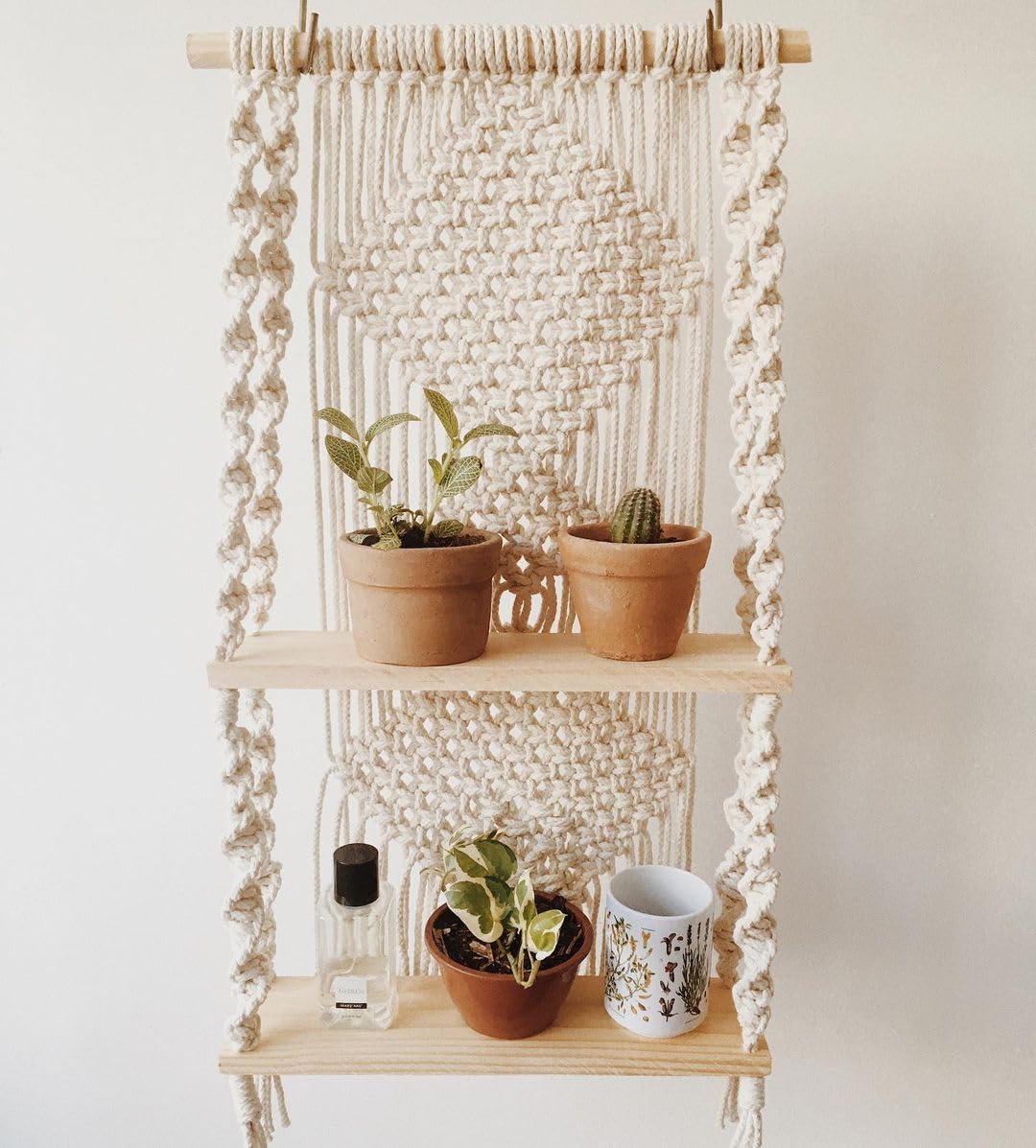ALFA CRAFY Macrame Wall Hanging Plant Shelf, 2-Tier Wooden Floating Shelves with Woven Cotton Rope, Boho Home Decor, Cream-picture-21