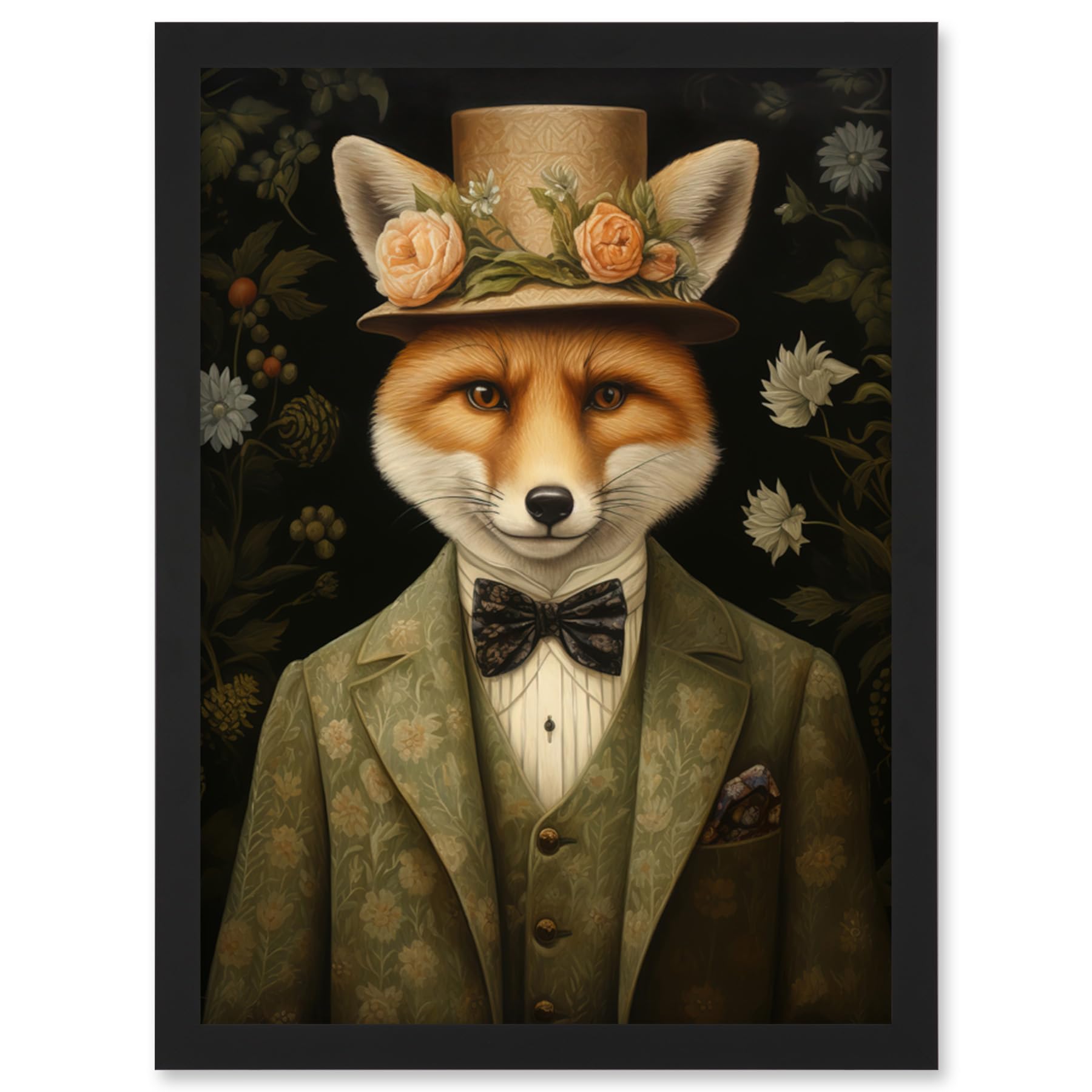 Artery8 Fox in Floral Victorian Suit and Top Hat Surrealism Artwork Green Orange Woodland Gentleman Artwork Framed Wall Art Print A4