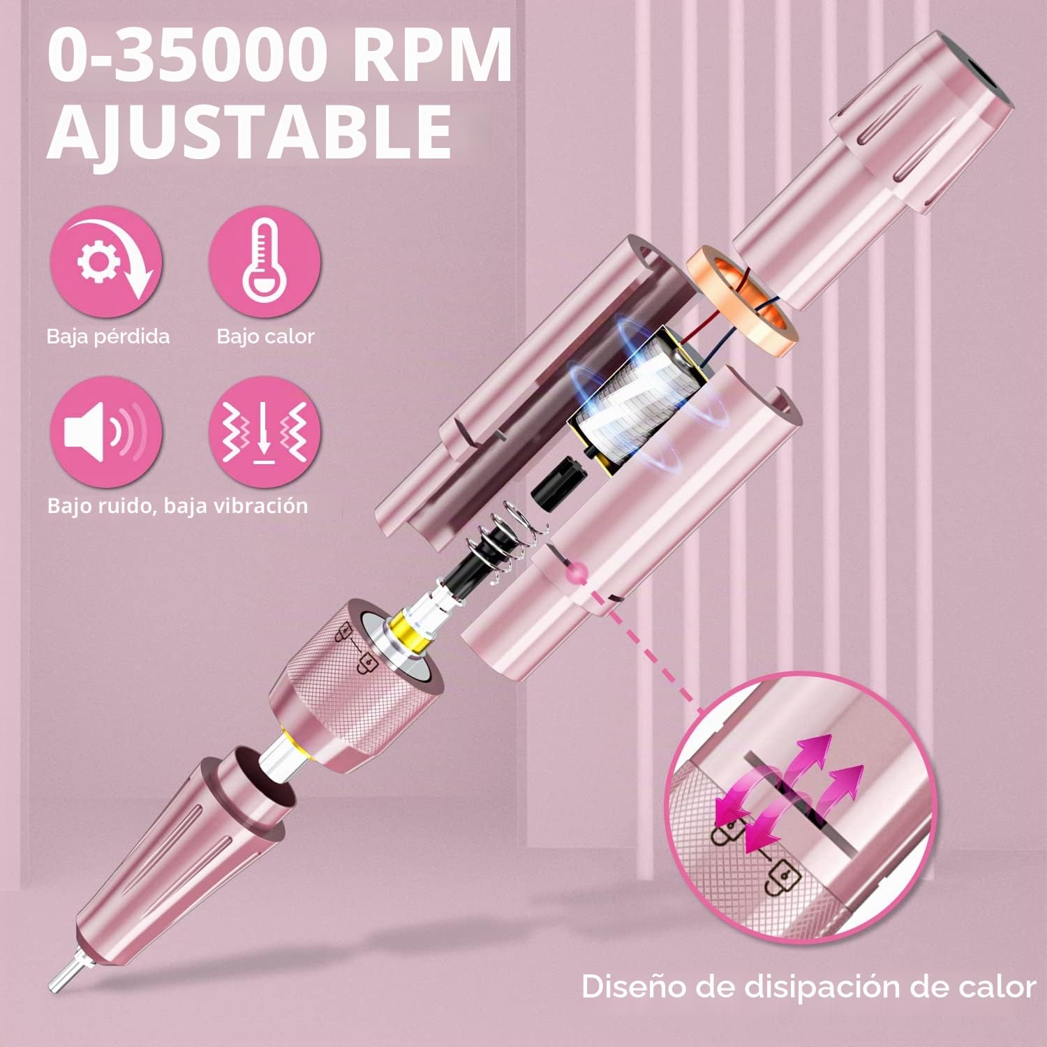 Torno para Uñas Profesional 35000 RPM, Autonomía 20H Lima Eléctrica Inalámbrica para Uñas de Gel y Acrílico, Kit con 13 Brocas y 56 Bandas de Lija, Pantalla LCD, Rosa (S506)