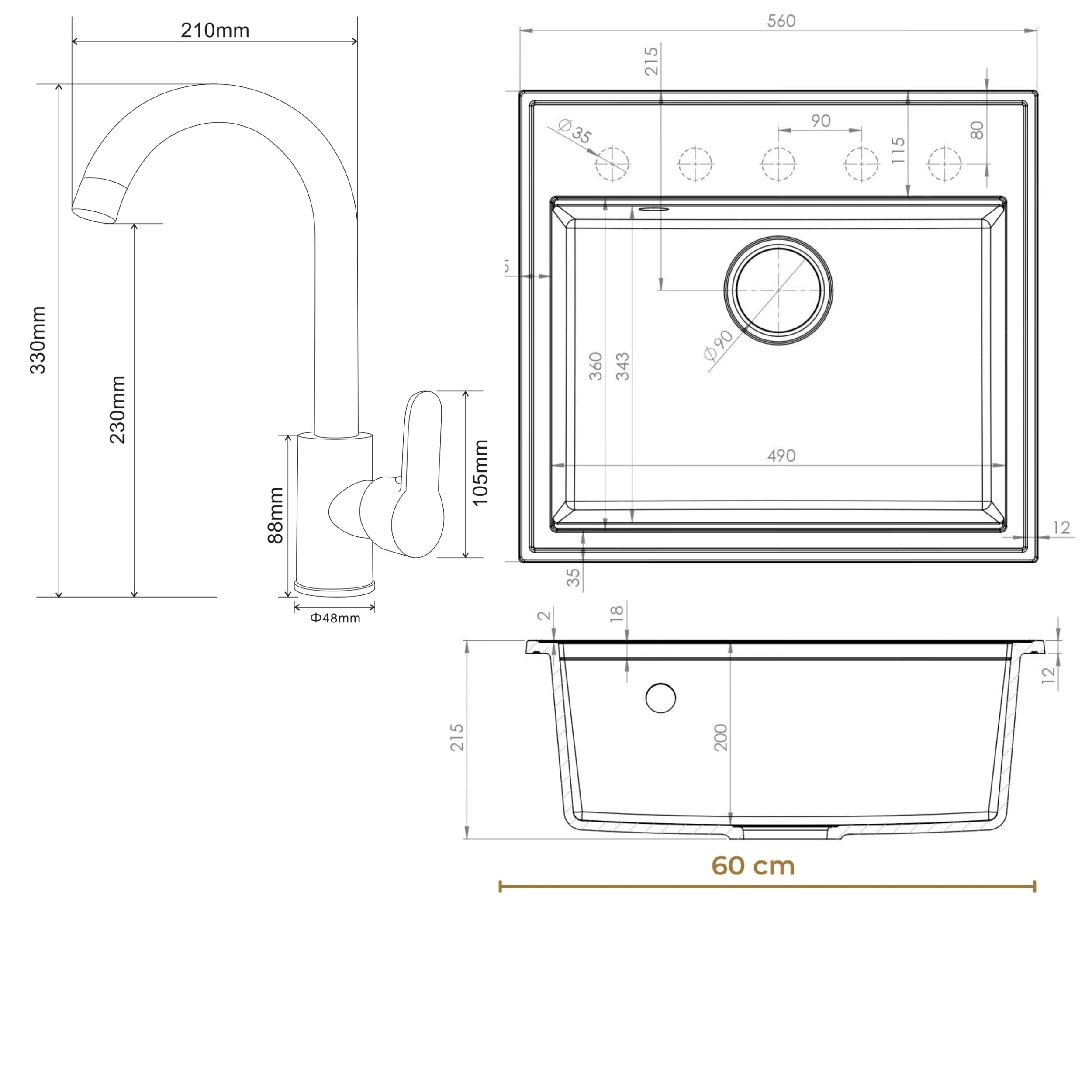 SINK Quality zlewozmywak biały z armaturą 56 x 51 cm – zlewozmywak z kranem, deska do krojenia, syfon, złoty, ociekacz, środek impregnujący – kompletny zestaw do szafki pod umywalkę 60