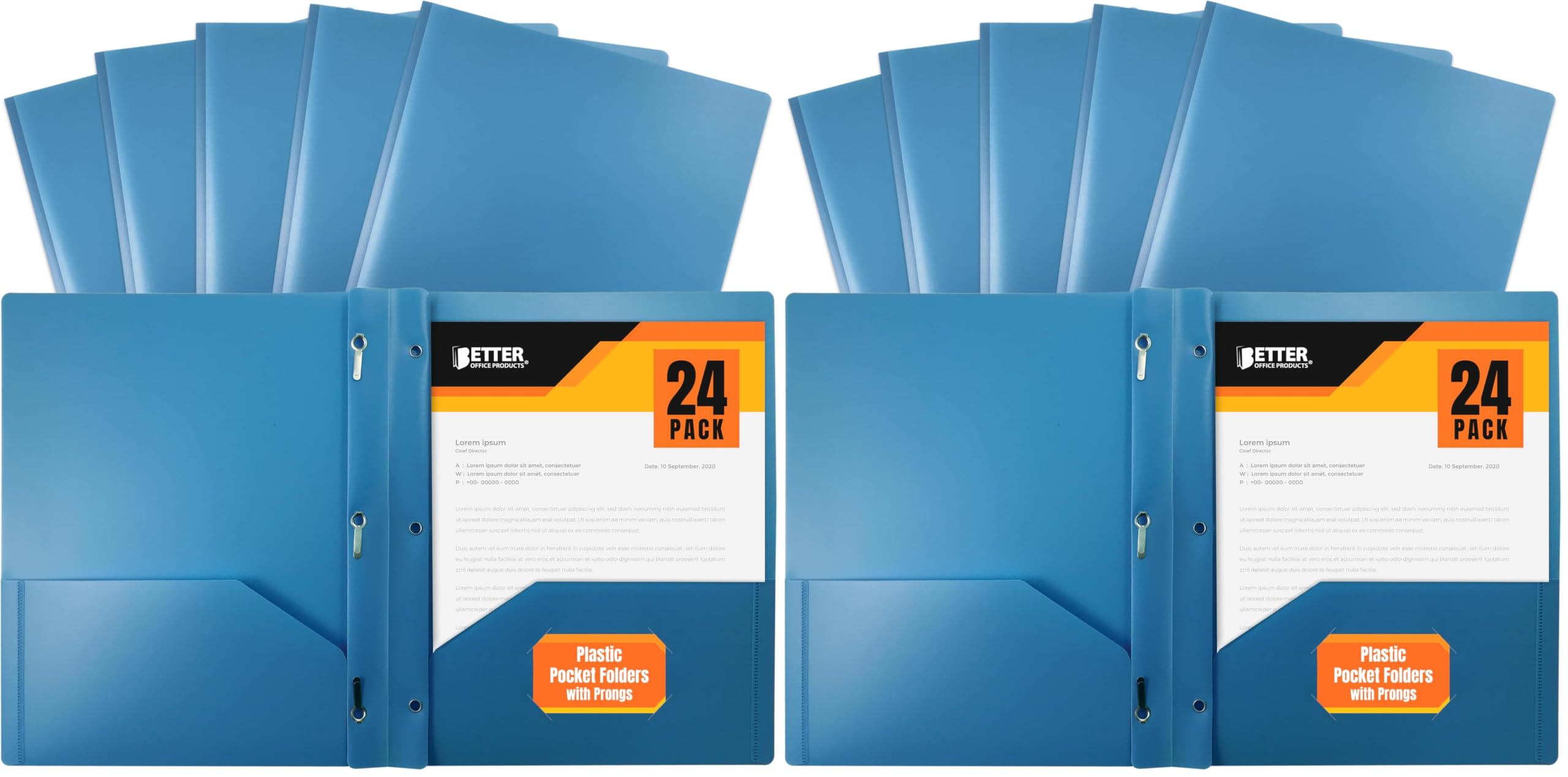 Better Office Products Light Blue Plastic 2 Pocket Folders with Prongs, 48 Pack, Heavyweight, Letter Size Poly Folders with 3 Metal Prongs Fastener Clips, Light Blue