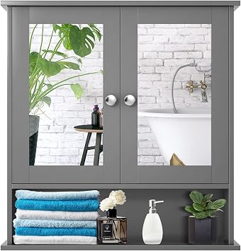 Multigot Wall Mounted Mirror Cabinet, Bathroom Storage Cupboard with Double Doors & Adjustable Shelf, Home Wooden Hanging Organized Unit Grey