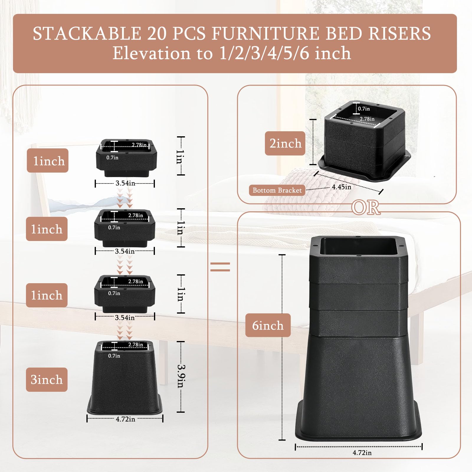 shouwuhho 20 rialzi regolabili per letto, 3, 7,5 o 15,2 cm, resistenti, alzate per mobili, elevazione in altezze 1, 2, 3, 4, 5, 15 cm, per divano, tavolo, sedia, sollevatori fino a 2,7 kg, nero
