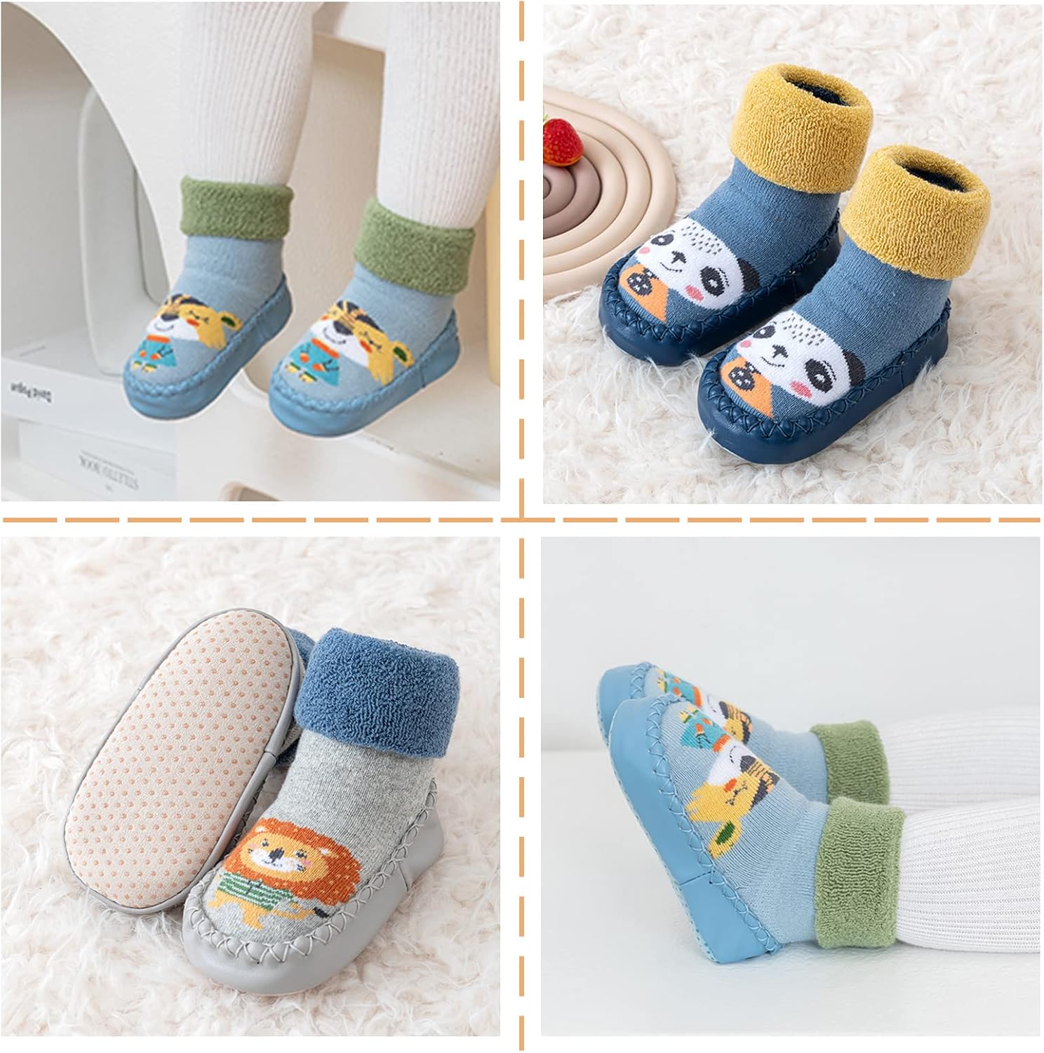 SEAUR 3 Pairs Toddler Slipper Socks Anti Skid Baby Sock Shoes for Walking Infant Moccasins Animal Crib Shoes Sock With Grips