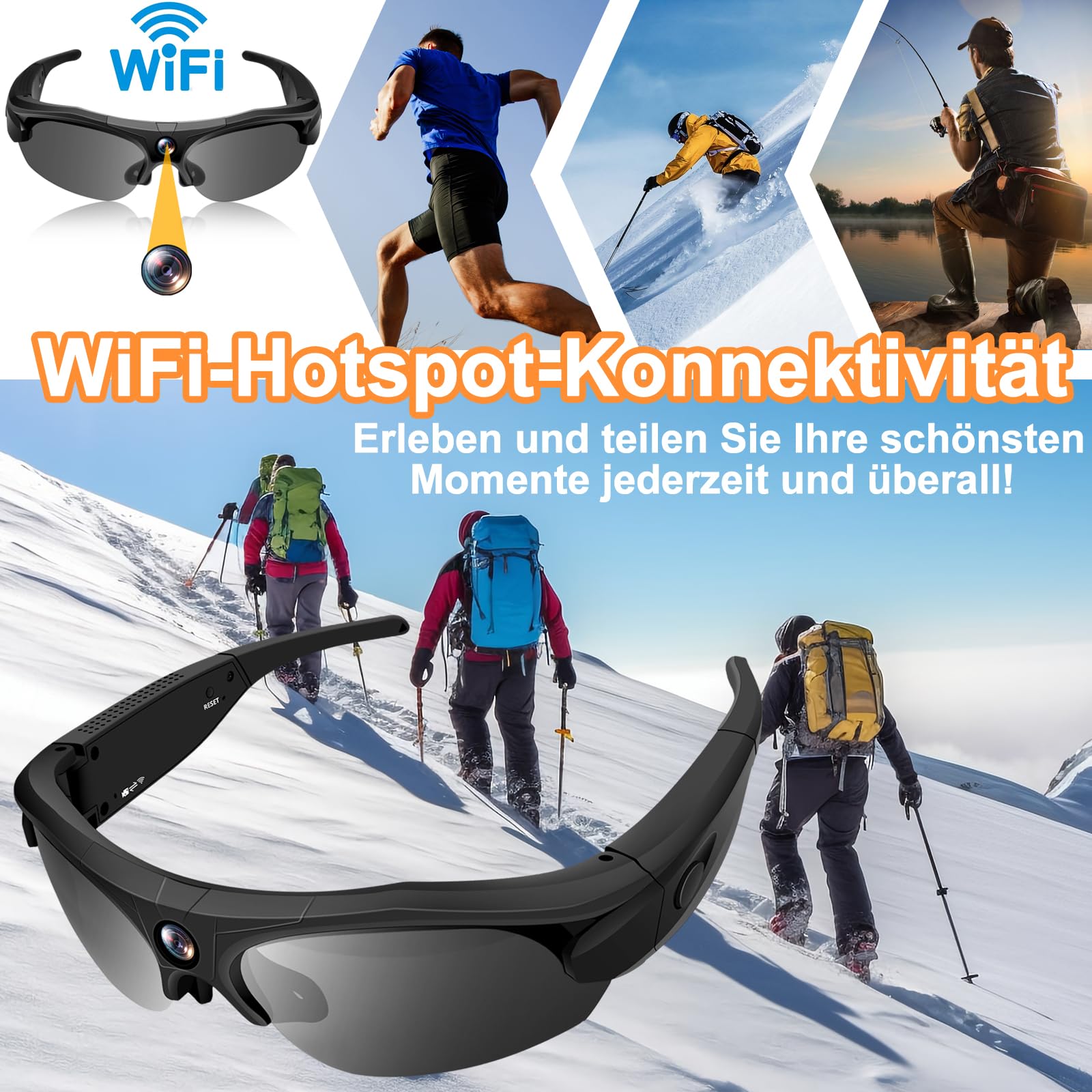 Brille mit Kamera & 1080P WiFi, 120° Weitwinkel, polarisiert für Sport | 100 Min Akku, 256GB Speicher, polarisierte Linsen (UV-Schutz), Loop-Aufnahme, inkl. Zubehör-Set
