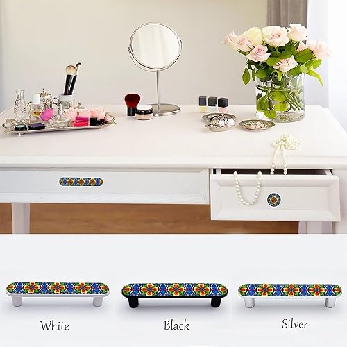 Miniatura 2 de Paquete de 4 tiradores de azulejos de cerámica Talavera mexicanos azules para gabinetes de cocina, manijas negras de 3-34 pulgadas (3.780 in) con