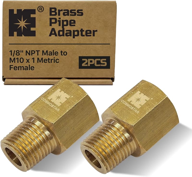 Adaptador de latão HE COSMOSTAR 1/8 NPT macho para M10 x 1 fêmea métrica – 2 unidades