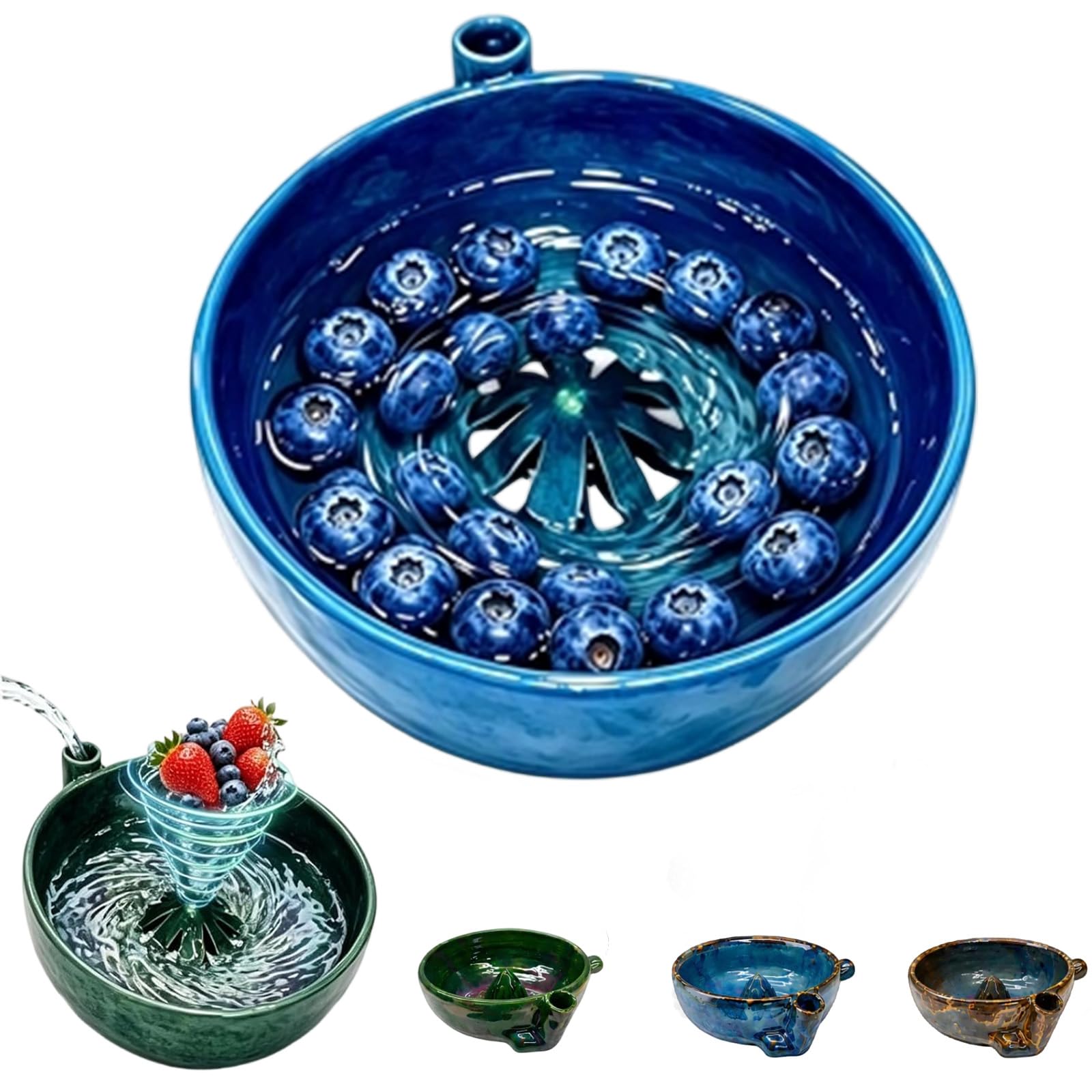 ELMVAR Berry Bowl Pottery, Berry Bowl Washer, Ceramic Colander with Saucer, Ceramic Fruit Washer for Cleaning Berries, Vegetables (Blue)