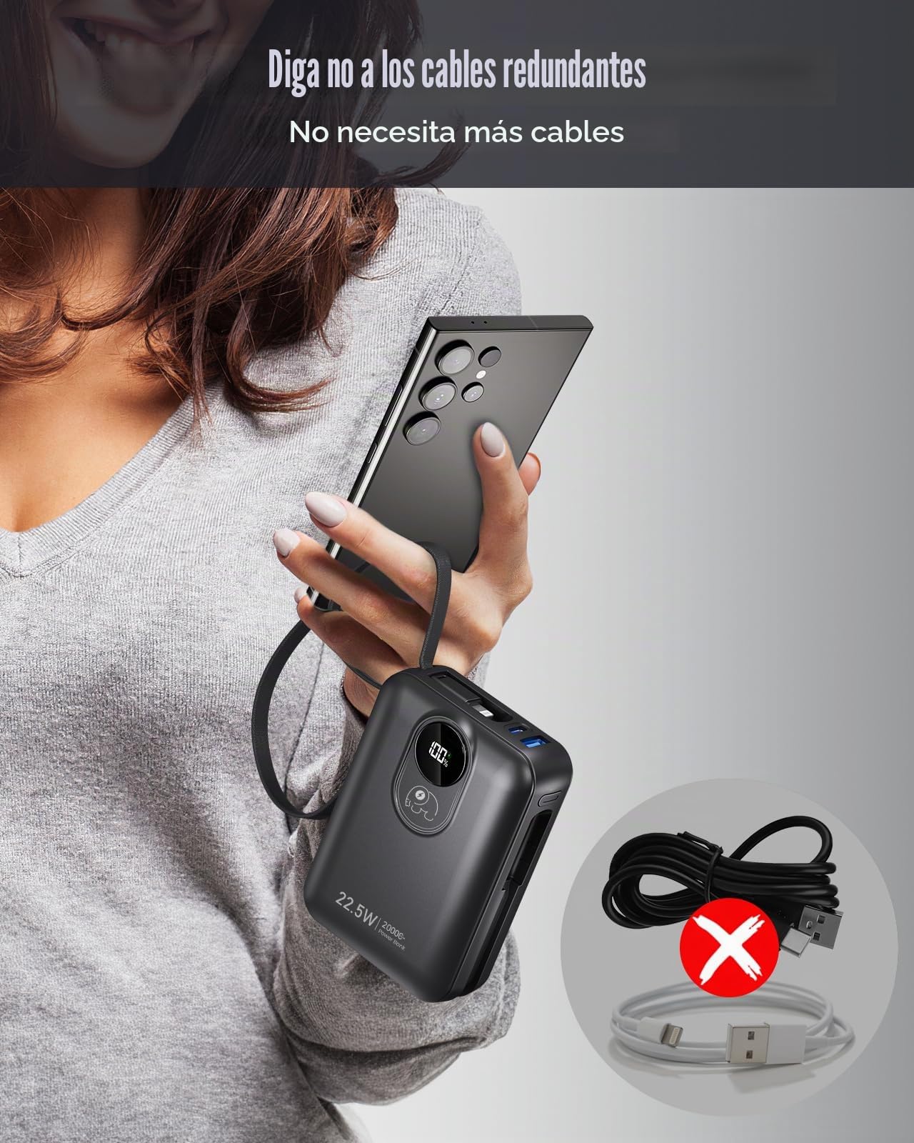 Batería externa de 20000 mAh con cable incorporado: 22,5 W Power Bank de carga rápida para teléfono móvil, batería USB C (Input & Output), cargador portátil con 4 salidas y 2 entradas