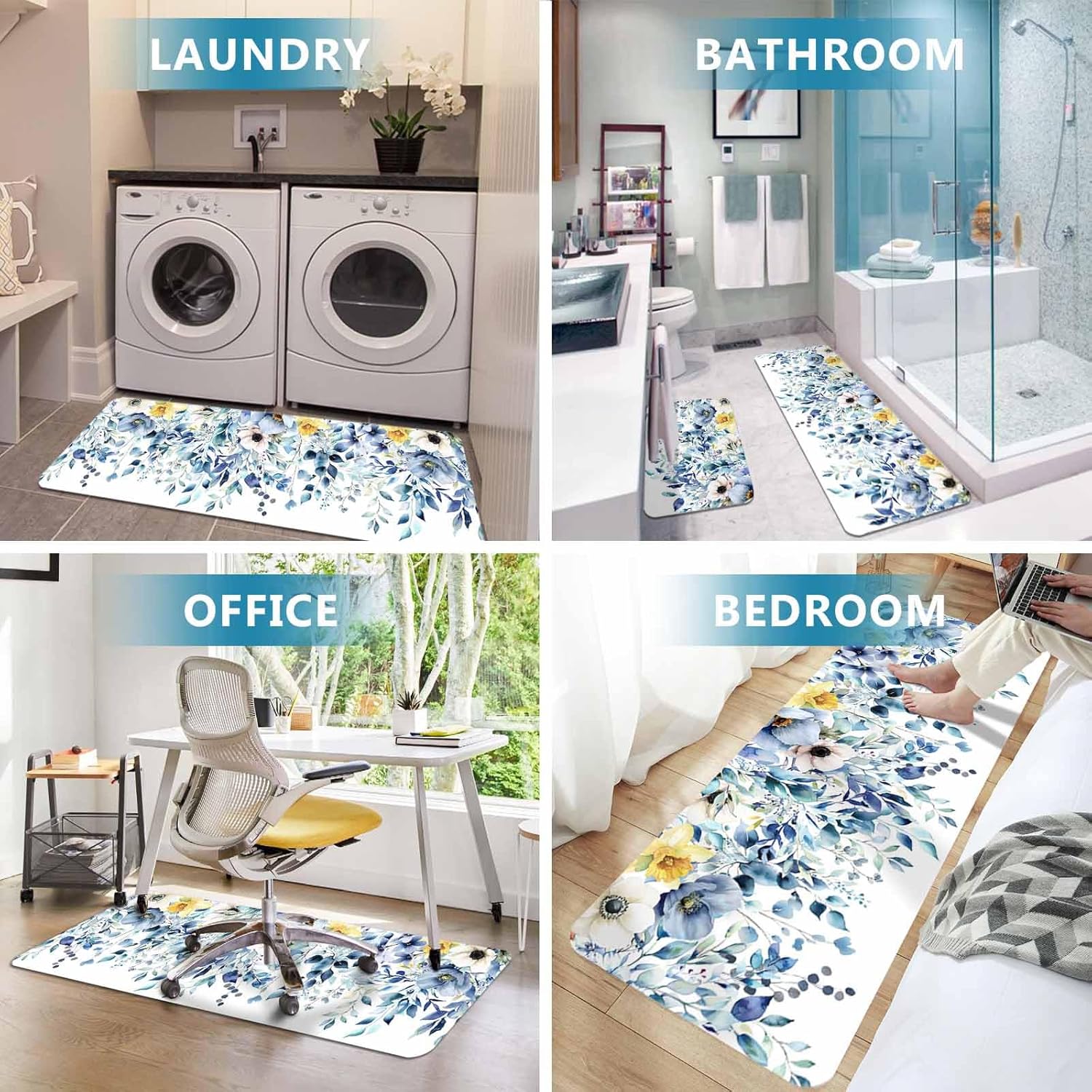 Pastoral Botanical Kitchen Mat Set 2 Pieces Blue Eucalyptus Leaves Yellow Floral Plants Non Slip Kitchen Rugs Washable Runner Rug Mats for Kitchen Sink Laundry Office (23.6" x 35.4"+23.6" x 70.9")