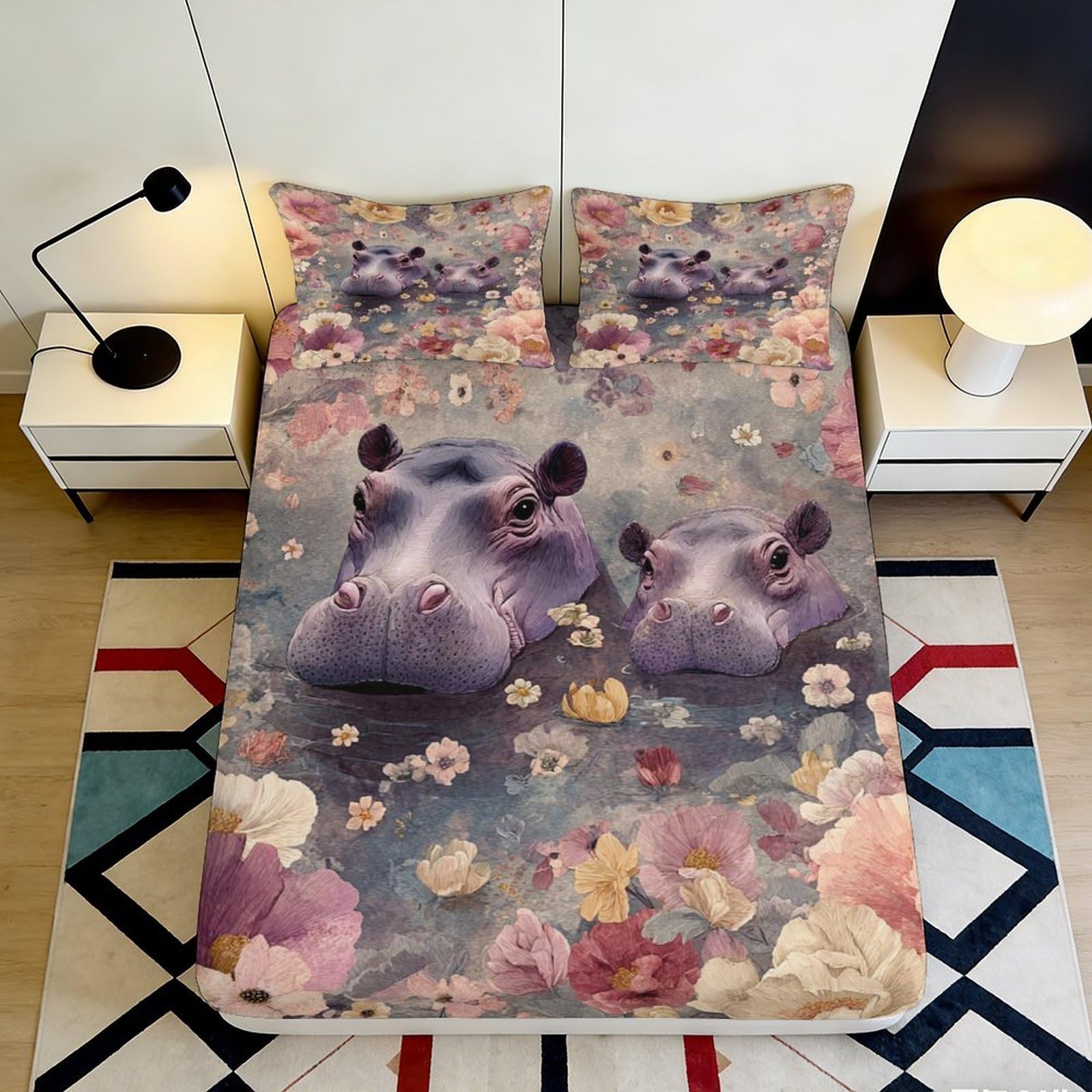 3D Printed Hippo Floral Fitted Sheet Microfiber Soft Breathable Animal Design Bed Cover for Bedroom Dormitory Guest Room Mattress Protection 180x200x25cm