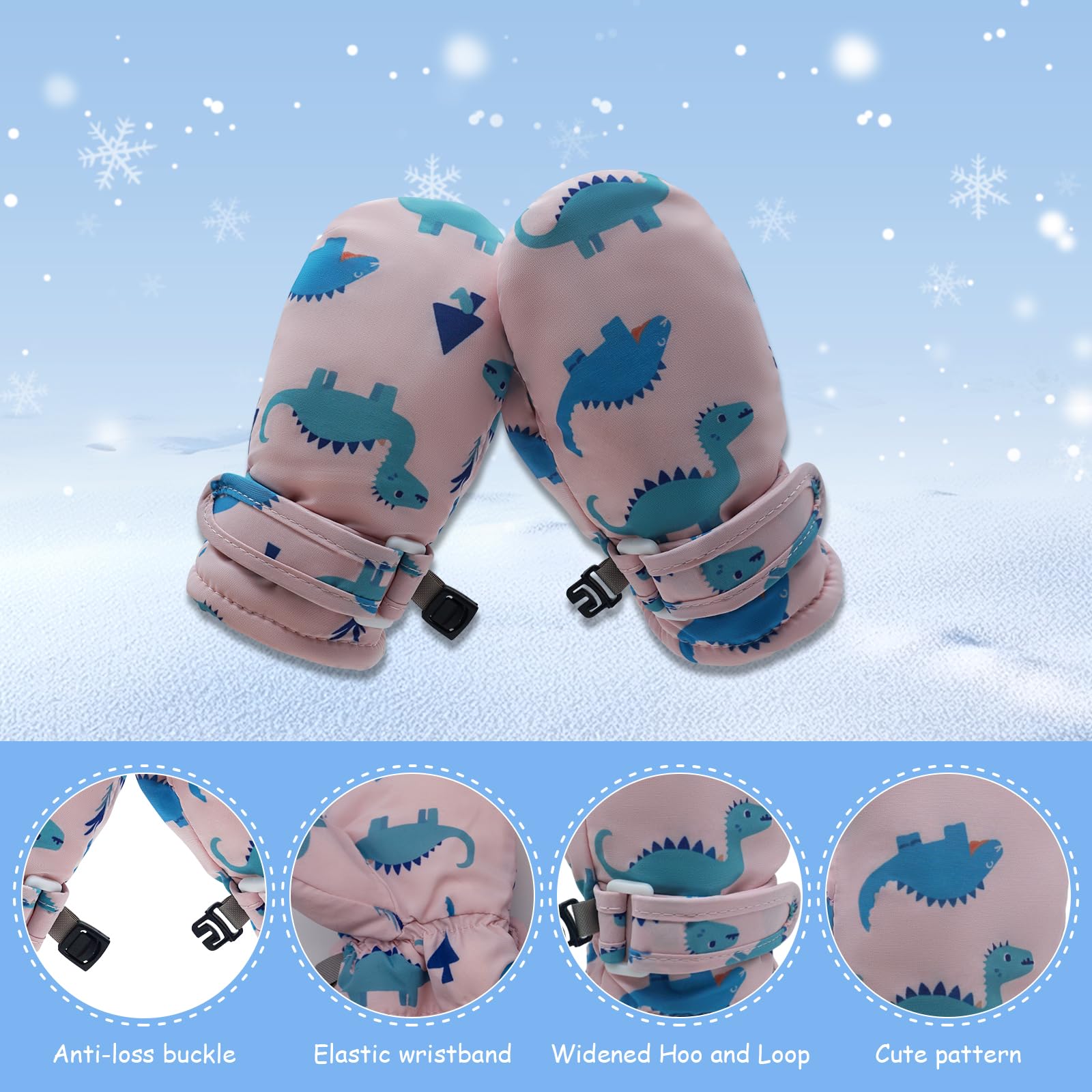 SmztTrend Toddler Mittens Waterproof Fleece Lined 2 Pack Toddler Winter Gloves Warm Snow Gloves for Baby Boys Girls (Dinosaur-White+Pink, 2-4 Years)