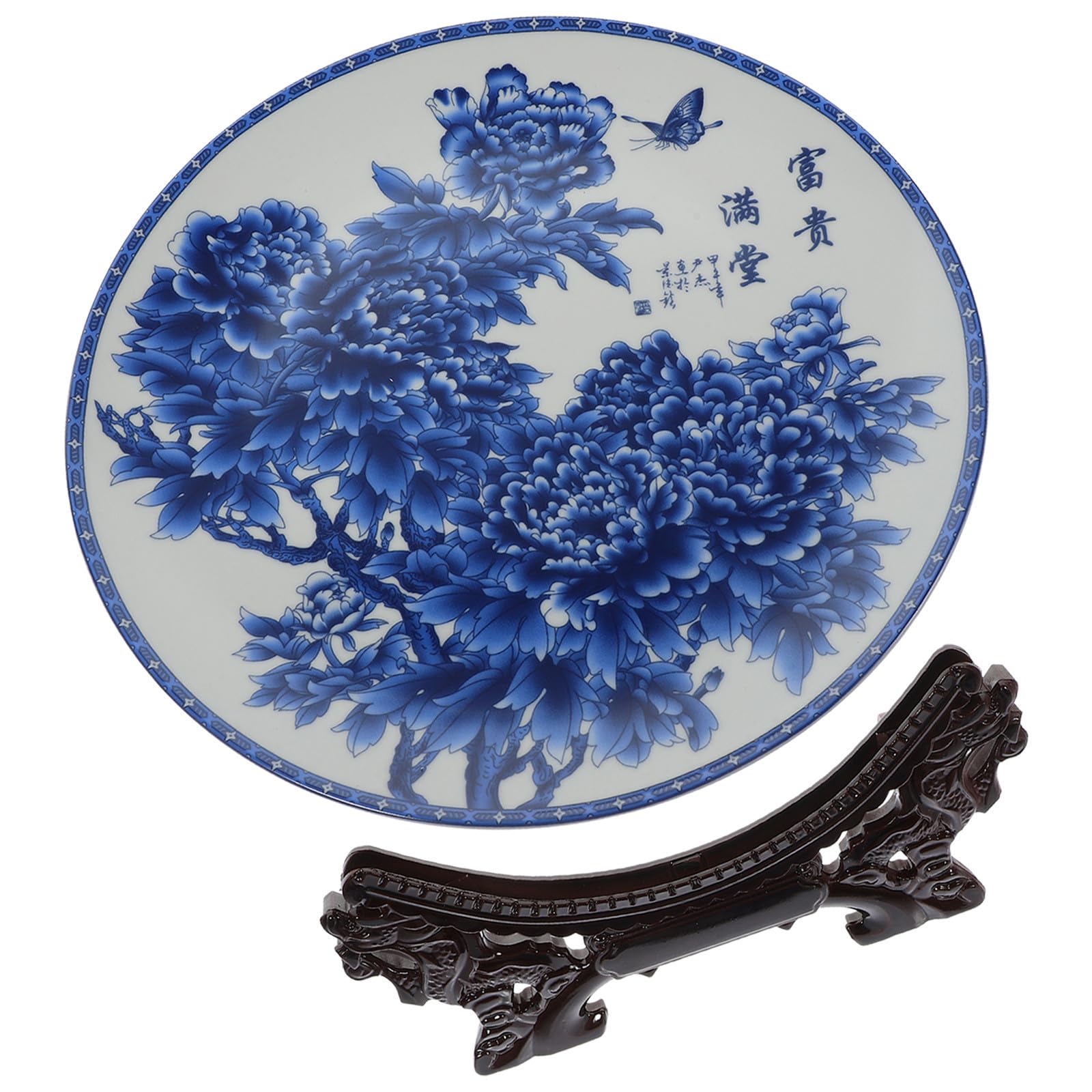 Plato Decorativo Efecto Decorativo Suave y Seguro con Soporte de Madera de Cerámica Azul para Obsequio y Decoración del Hogar