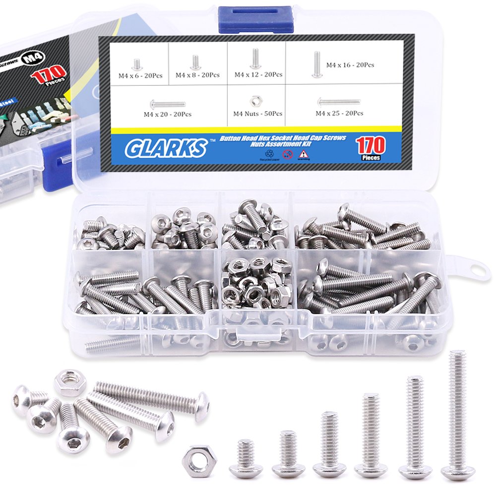 Glarks 170Pcs M4 Stainless Steel Allen Hex Drive Button Head Socket Cap Bolts Screws Nuts Assortment Kit (M4) by Glarks