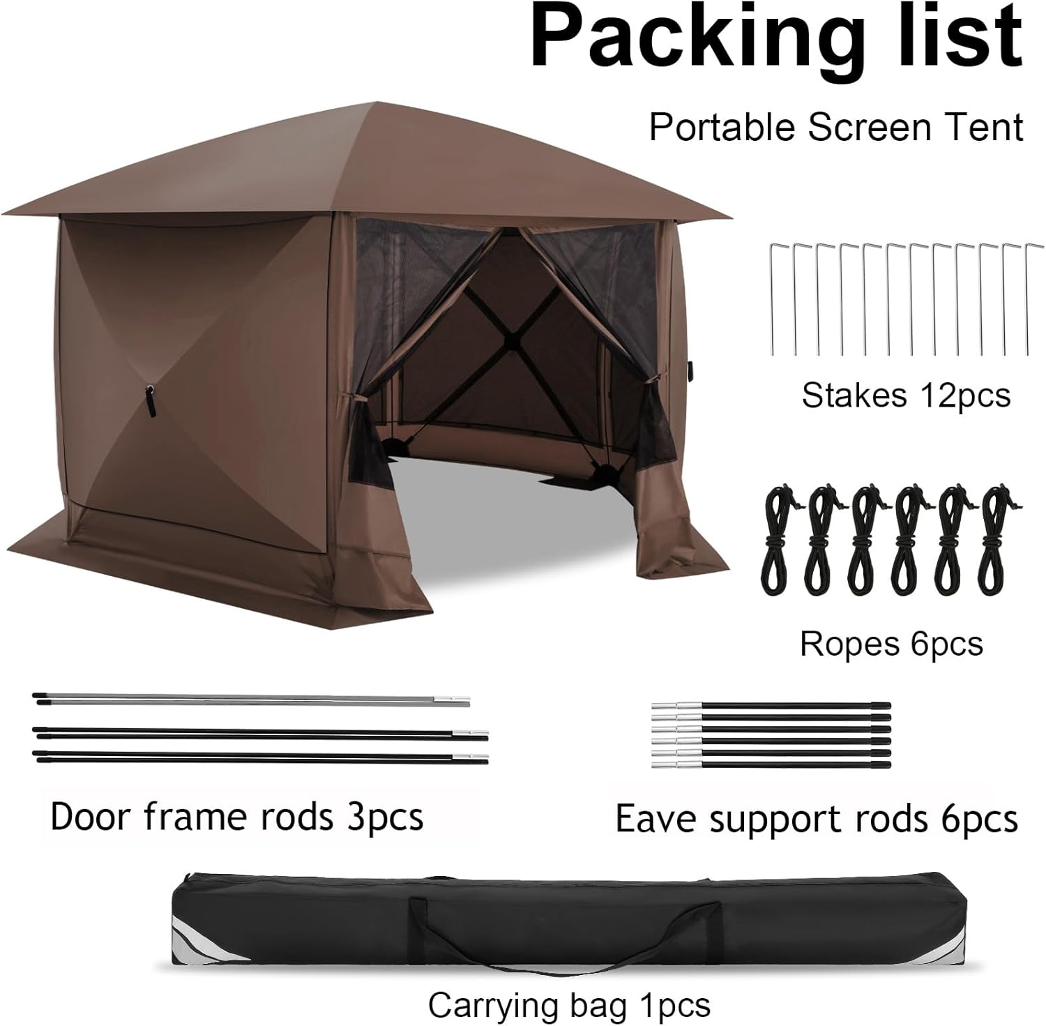 COBIZI 12x12FT Pop Up Gazebo Screen Tent Screen House for Camping, Screen Room with Mosquito Netting, Hub Tent Instant Screened Canopy with Carrying Bag and Ground Stakes, Brown