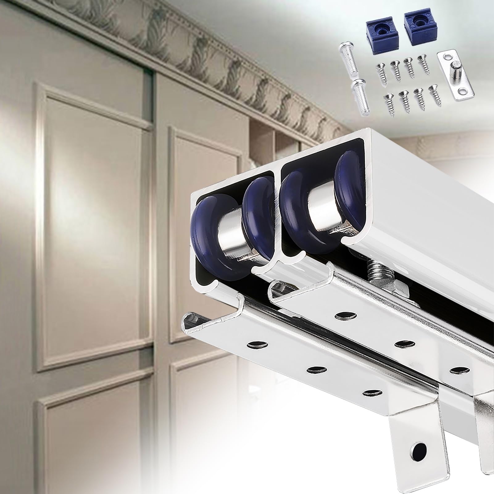 Kit de riel para puerta corredera, riel de bolsillo doble con ruedas para armario, herrajes de aluminio para puerta de granero