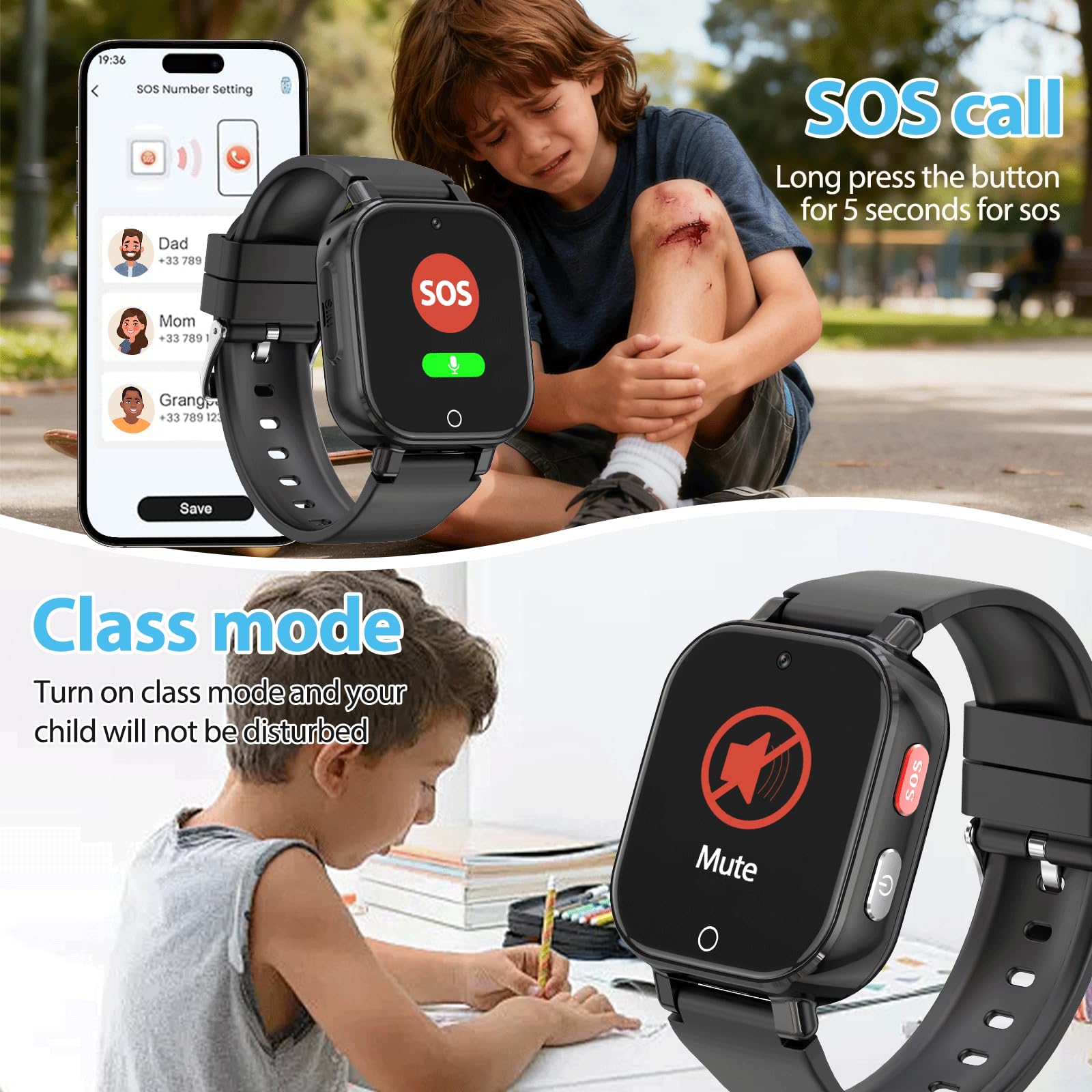 Alutoria Smartwatch für Kinder-Uhr mit GPS und Telefon 4G Videoanrufen Sprachchat Schrittzähler Kamera SOS Schulmodus Wecker–Uhr für Mädchen und Jungen von 4–12 Jahren Geschenk Schwarz