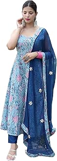 GoSriKiWomen's Cotton Blend Anarkali Printed Kurta with Pant & Dupatta