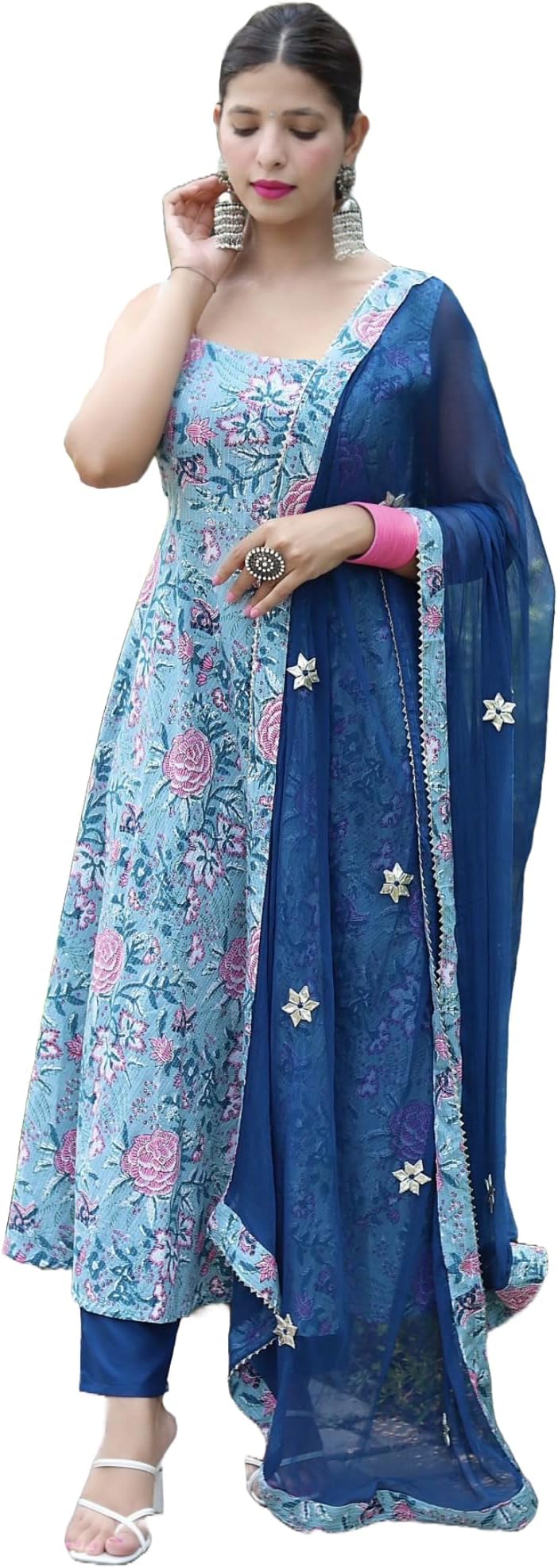 Women's Cotton Blend Anarkali Printed Kurta with Pant & Dupatta