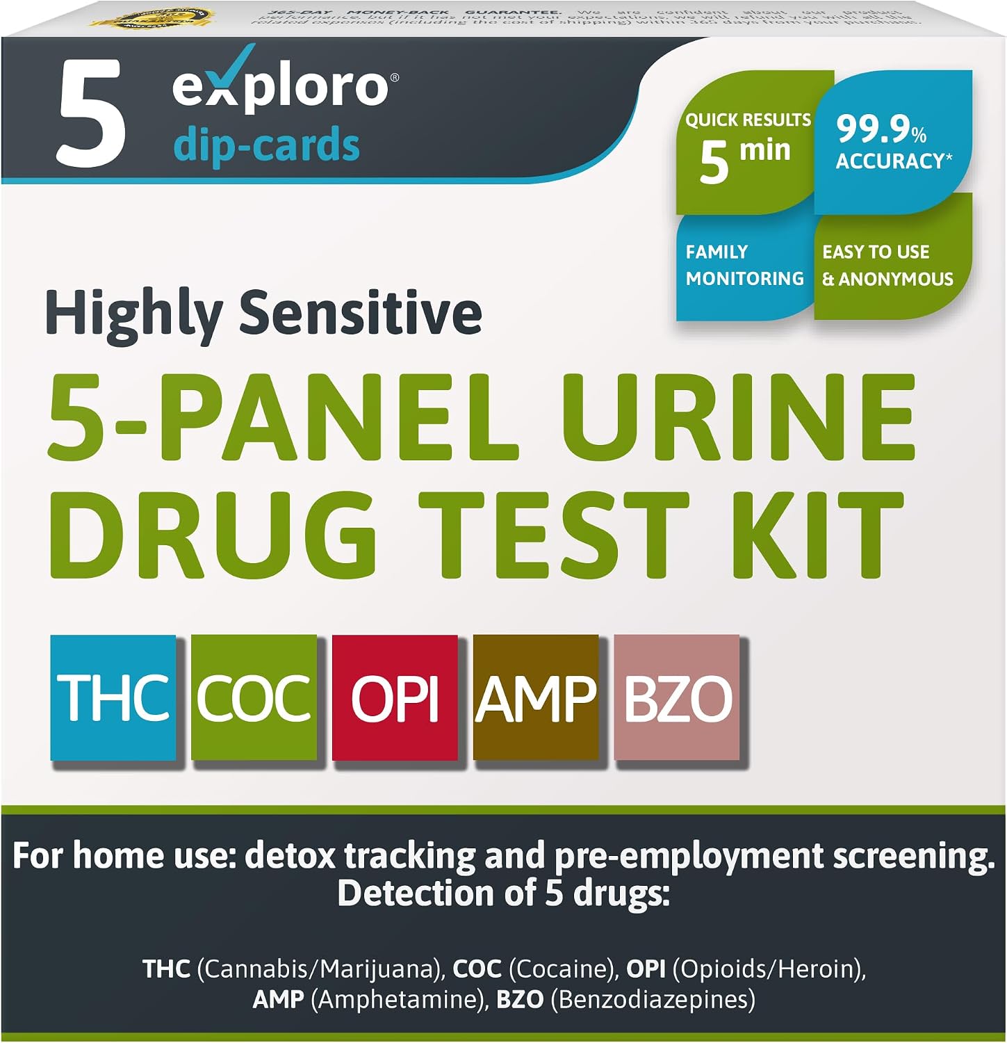 Exploro 5 Panel Drug Test Kit – At Home Urine Drug Test for THC, Cocaine, Opiates, Amphetamines & Benzodiazepines – Rapid & Accurate & Easy At Home Drug Testing Strips (Pack of 10)