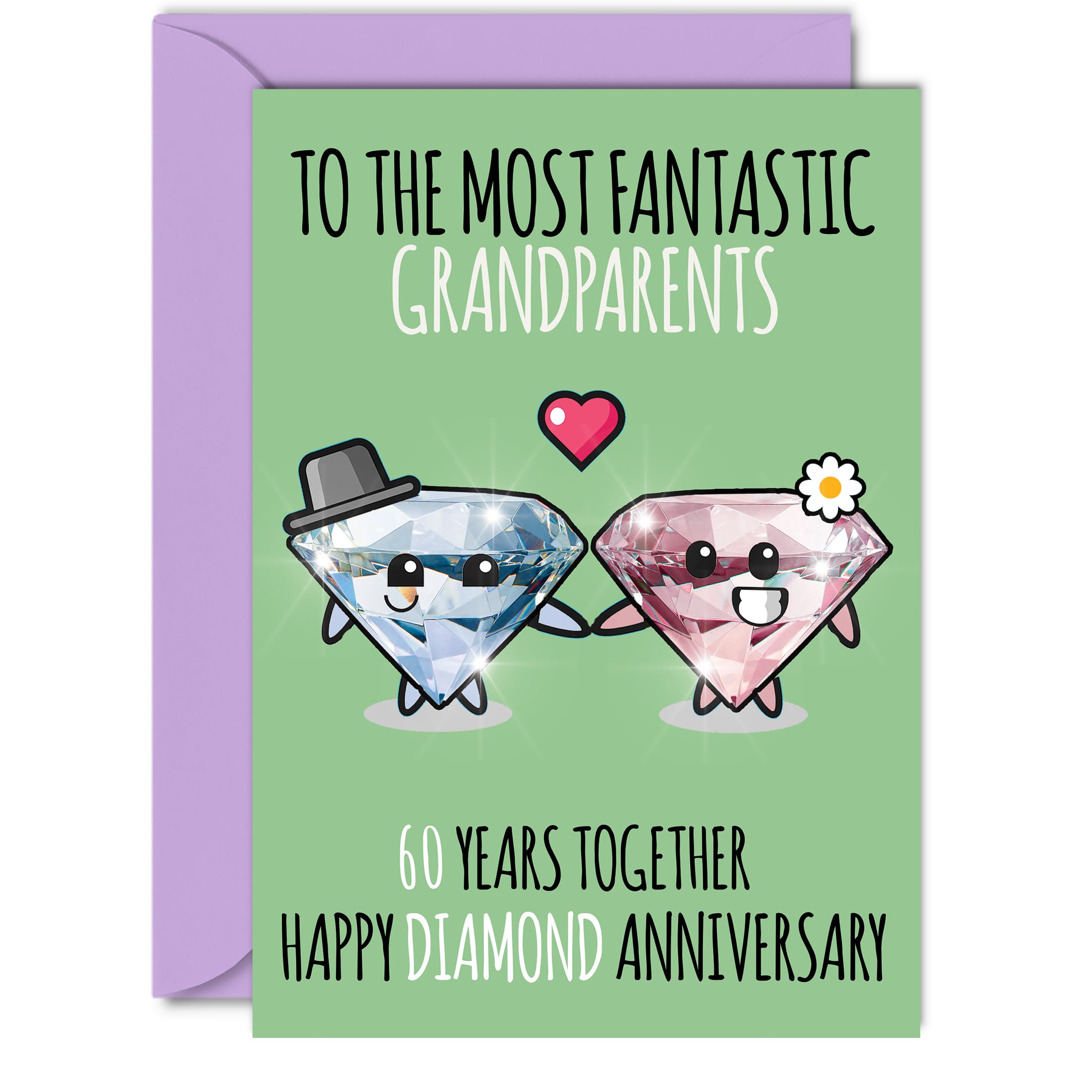 Cute Diamond Anniversary Card for Grandparents - 60 Years Together - Happy 60th Wedding Anniversary Cards for Nanny Grandad Grandma, A5 Greeting Cards Anniversaries