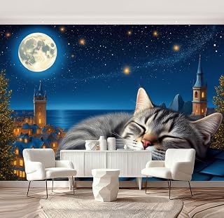 Wall Mural Peel and Stick Sleeping Cat Rooftop Under Full Moon Starry Sky Wallpaper Self Adhesive Removable Large Wall Stickers Home Decor for Living Room Bedroom 69"x96"