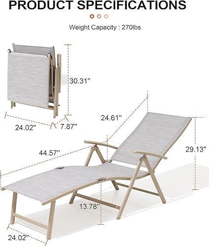Miniatura 27 de Crestlive Products Juego de 2 tumbonas para exteriores, silla reclinable plegable de aluminio, ajustable 8 posiciones, sin montaje, perfecta