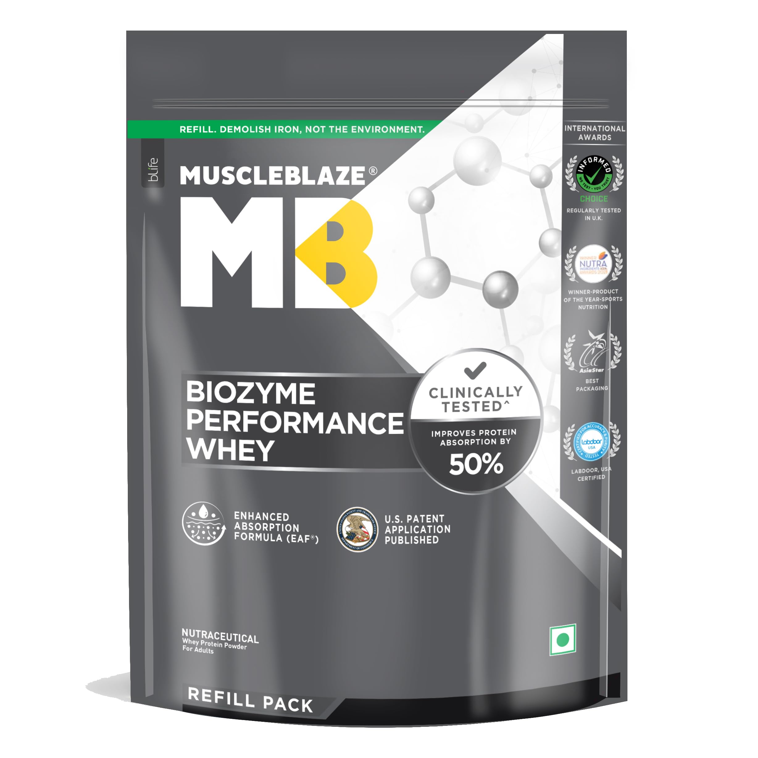 MuscleBlaze Biozyme Performance Whey Protein Powder, Rich Chocolate (1kg Refill Pack) | 25g Protein Per Scoop | Clinically Tested 50% Higher Protein Absorption