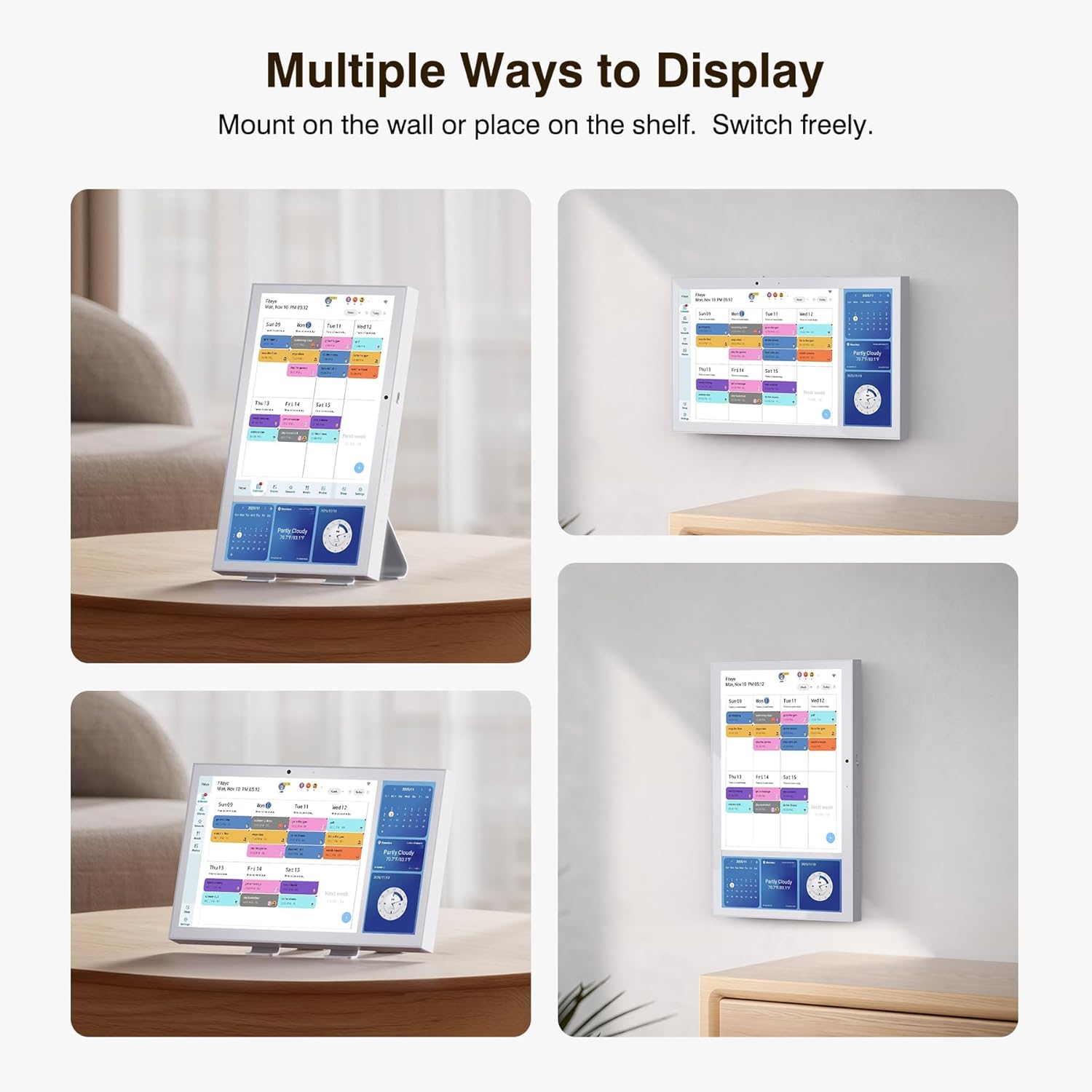 Fiteye Smart Digital Calendar displayed in multiple orientations: wall-mounted and on a stand