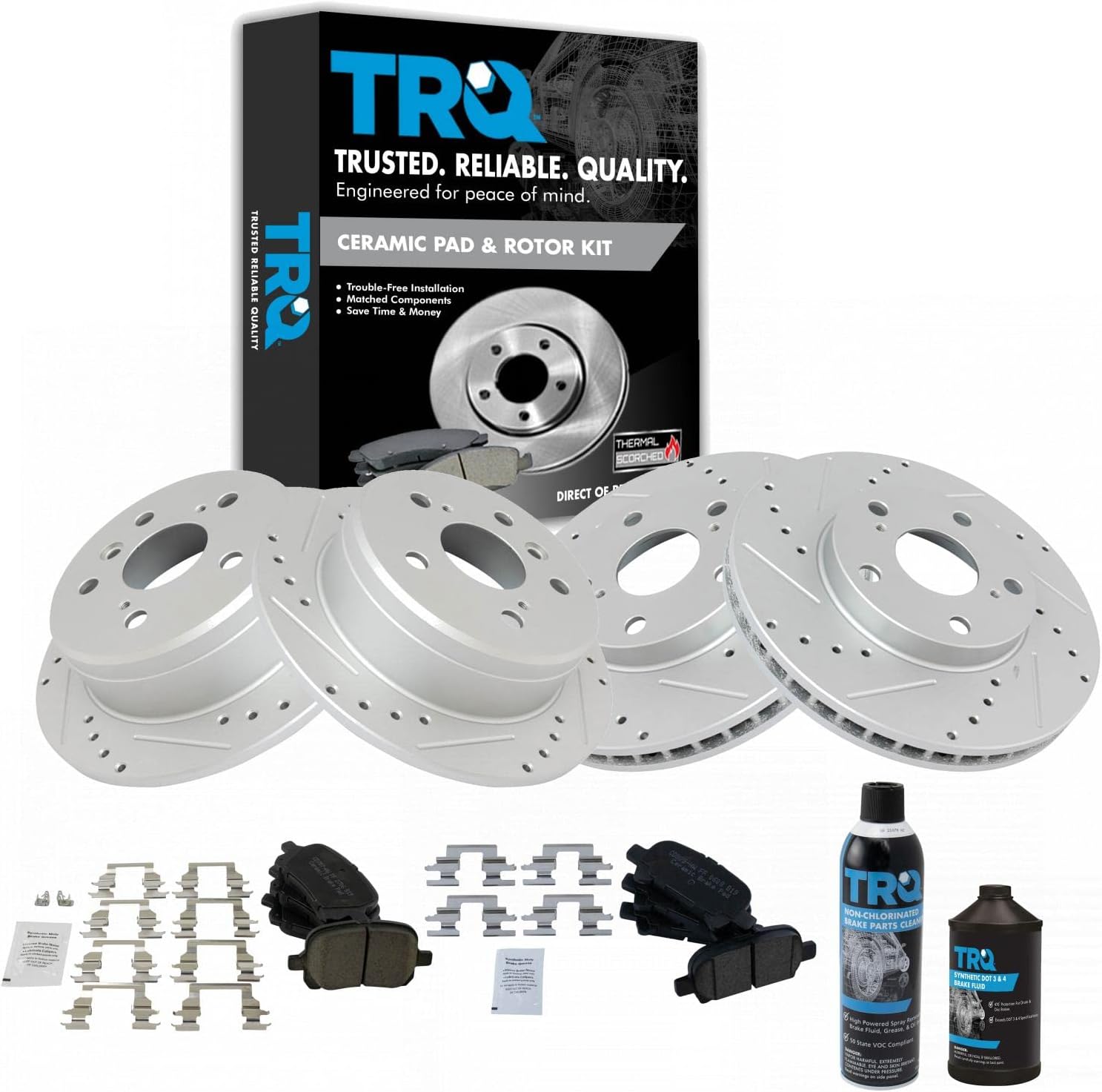 TRQ Front and Rear Performance Brake Pad & Rotor Kit Brake Chemical Kit Brake Pads Brake Rotors Set Ceramic Vented Premium G-Coated Compatible with 2000-2001 Toyota Camry 1999-2003 Solara