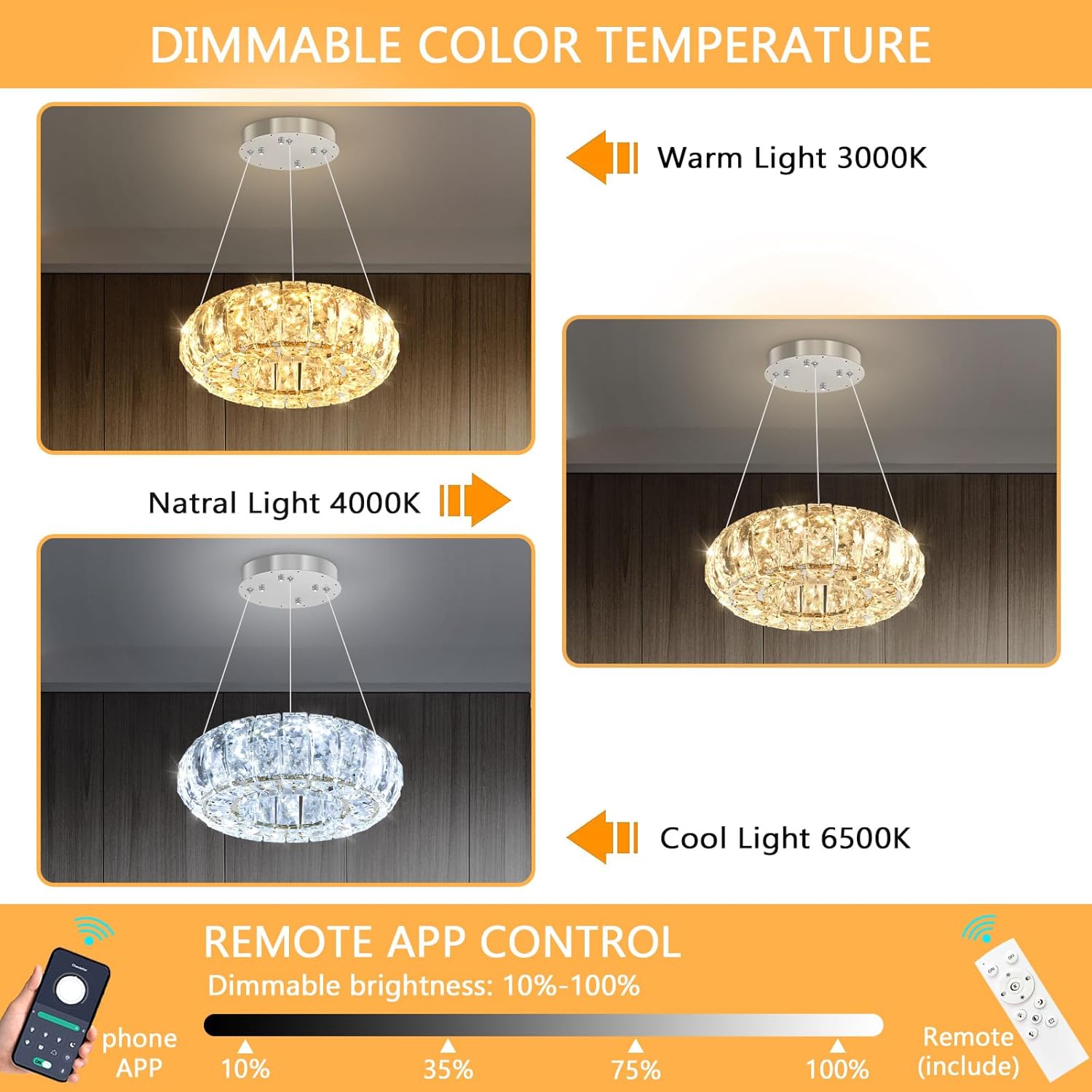 8" Modern Crystal Chandelier Dimmable Ring Pendant Light Round Crystal Chandeliers for Living Room Dining Room Bedroom Silver