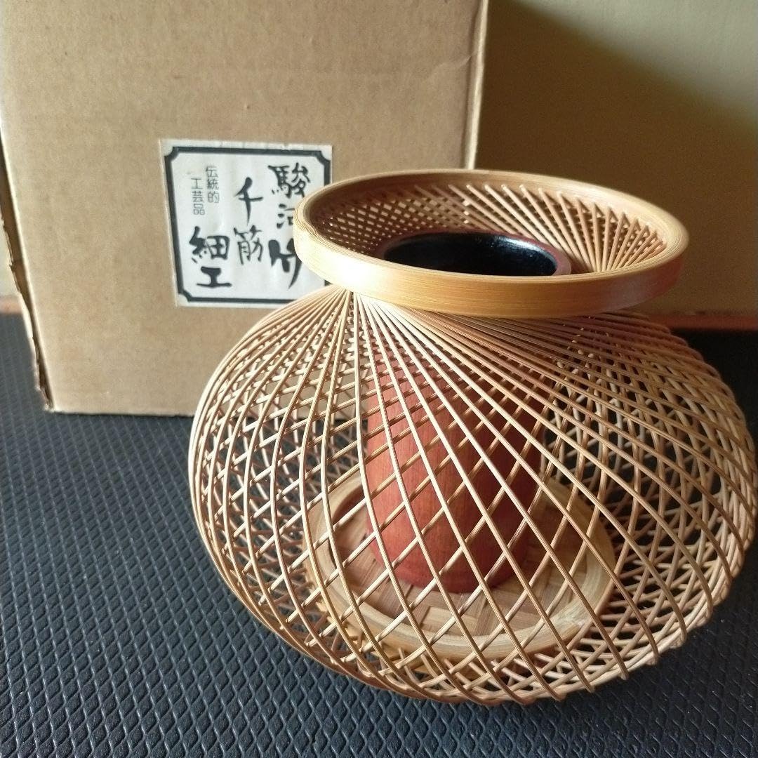 駿河竹千筋細工 竹籠 紫紐 高さ10cm 箱付き 駿河竹千筋細工 花器