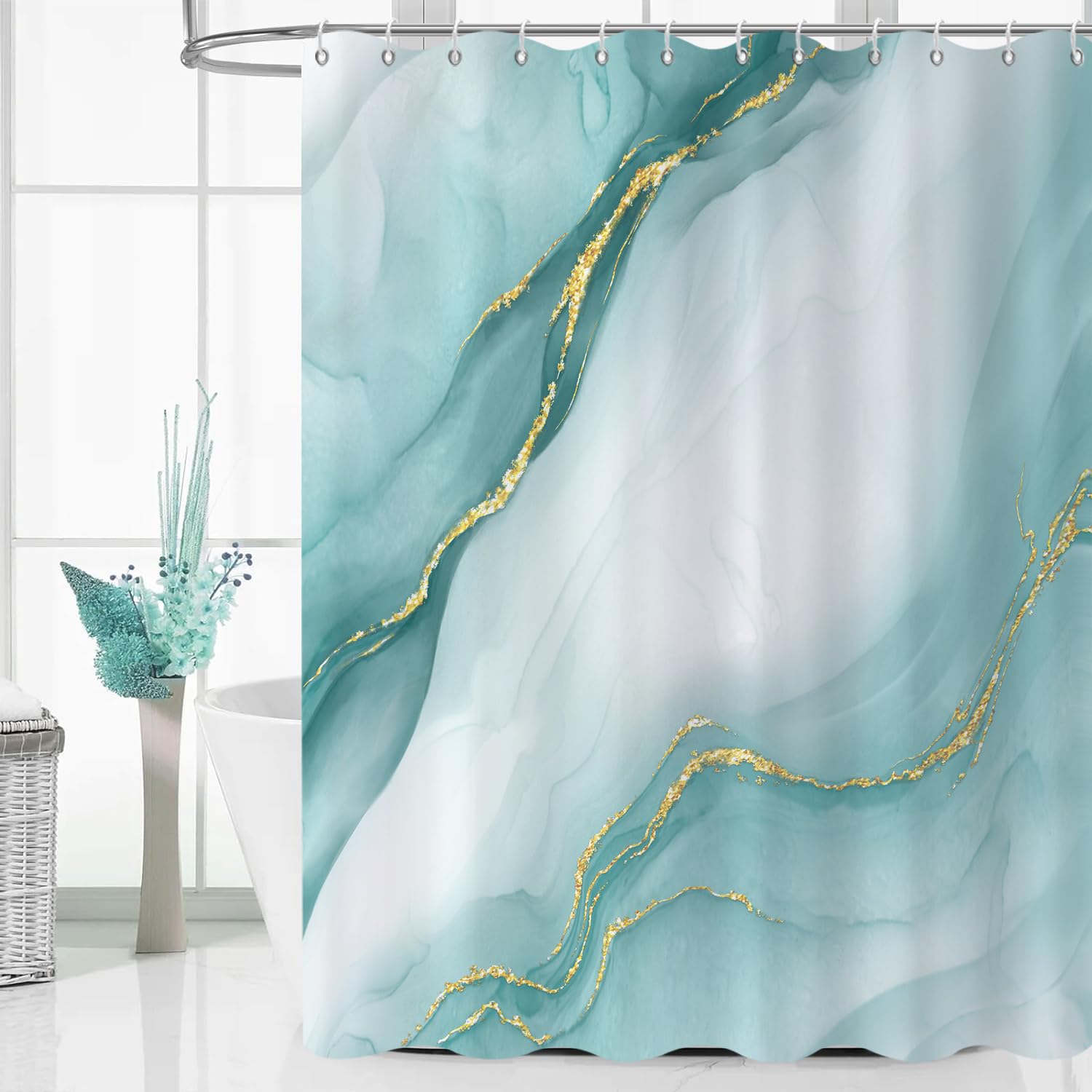 GCIREC Shower Curtain, 200x180cm, Teal Green Gradient with Gold Marble Modern Art Waterproof Fabric Machine Washable Bathroom Curtain with Hooks