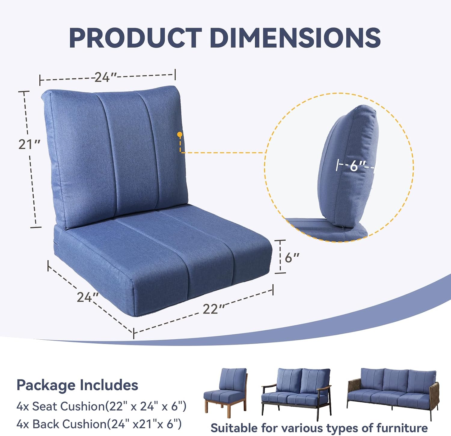 Patio Cushions for Outdoor Furniture - 24" x 24" x 6" UV Resistant Thick Foam Cushions Water Resistant Replacement Cushion for Outdoor Patio Furniture Chair/Sofa/Couch | Blue | 4-Pack |