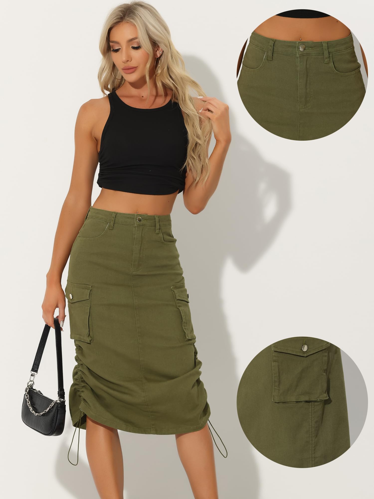 Allegra K Damen Cargo Rock Y2K Verstellbar Lässig A-Linie Midi Jeansrock