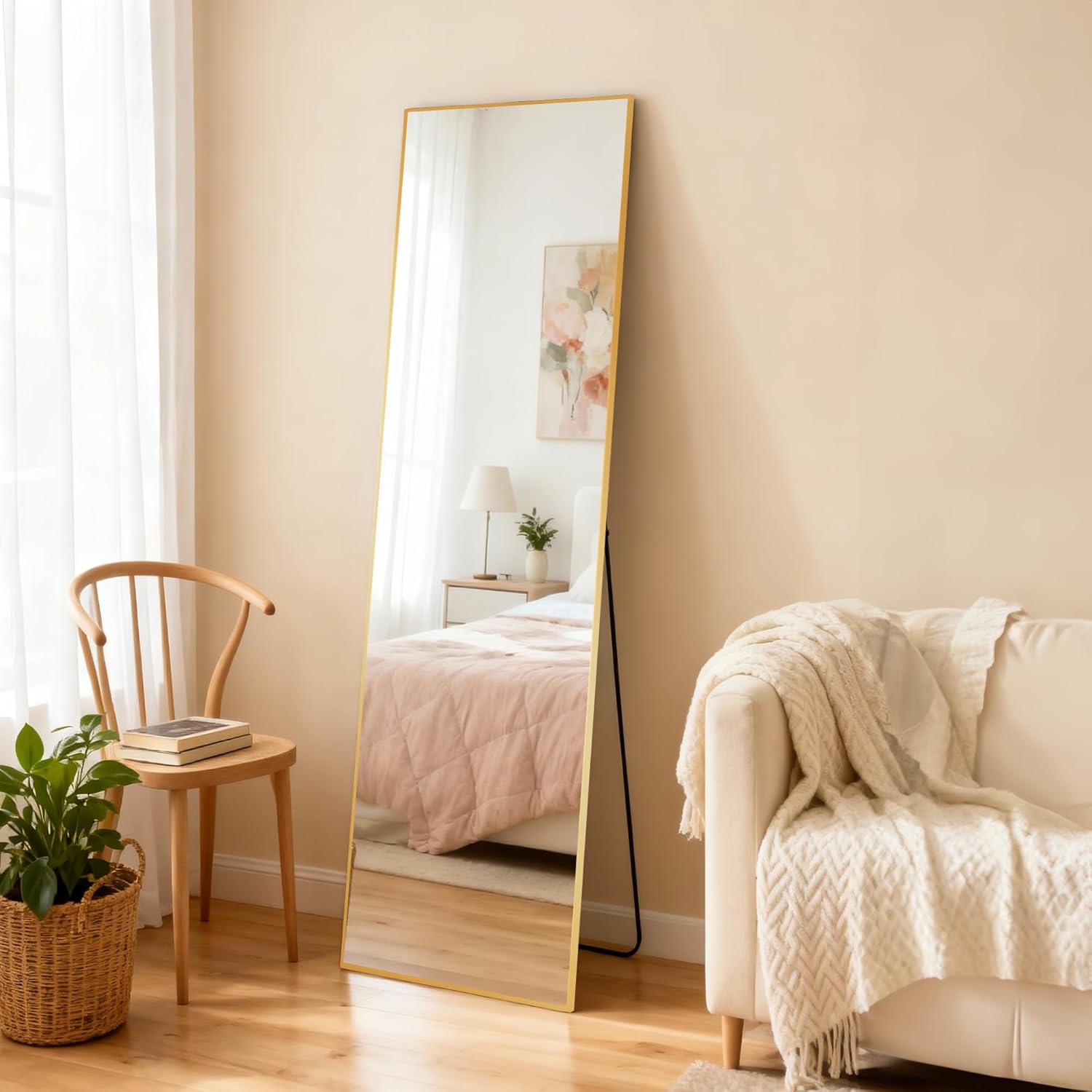 55"x16" Full Length Mirror with Stand, Gold Metal Frame Floor Mirror, Hanging, Standing or Leaning Against Wall, Tempered Full Body Mirrors for Room Decor, Living Room, Bedroom
