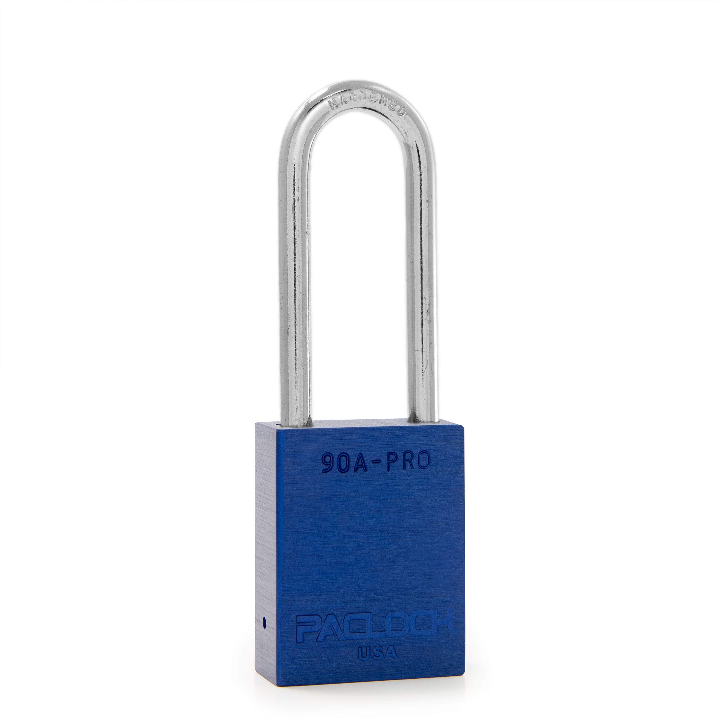 PACLOCK's 90A-PRO Padlock, 1/4" Diameter Hard. Steel Shackle, 2-1/2" Tall, High Performance 7-Pin Cylinder w/ 1 Key, Keyed Differently, Blue