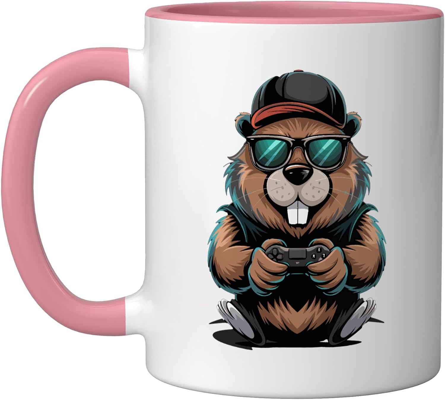 Gaming Beaver With Controller Cool Gamer Style Ceramic Mug, Pink/White