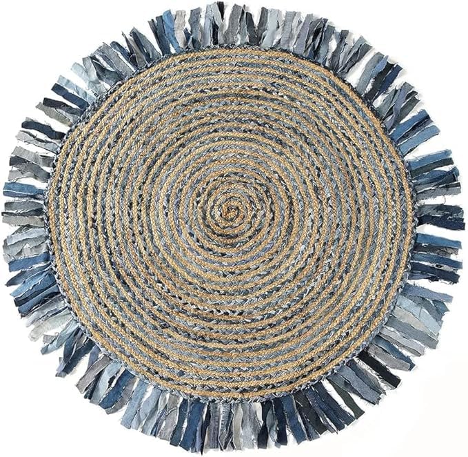 Tapis indien Jhalar en jute naturelle et denim pour réchauffer la chambre