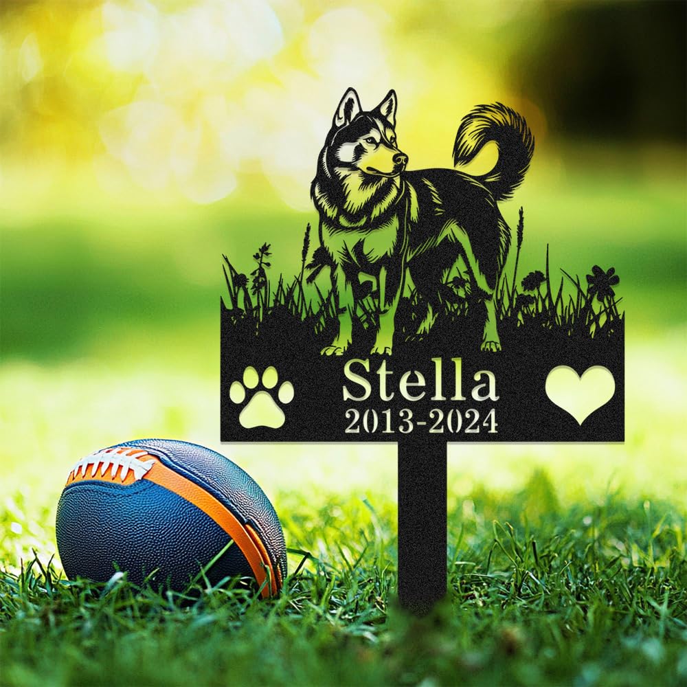 Custom Husky Dog Memorial Grave Marker with Stake,Personalized Dogs Name Memorials Engraved Burial Sign,Customized Loss of Sympathy Gifts for Pet Owner,Flower Pets Headstone for Garden Lawn Outdoors
