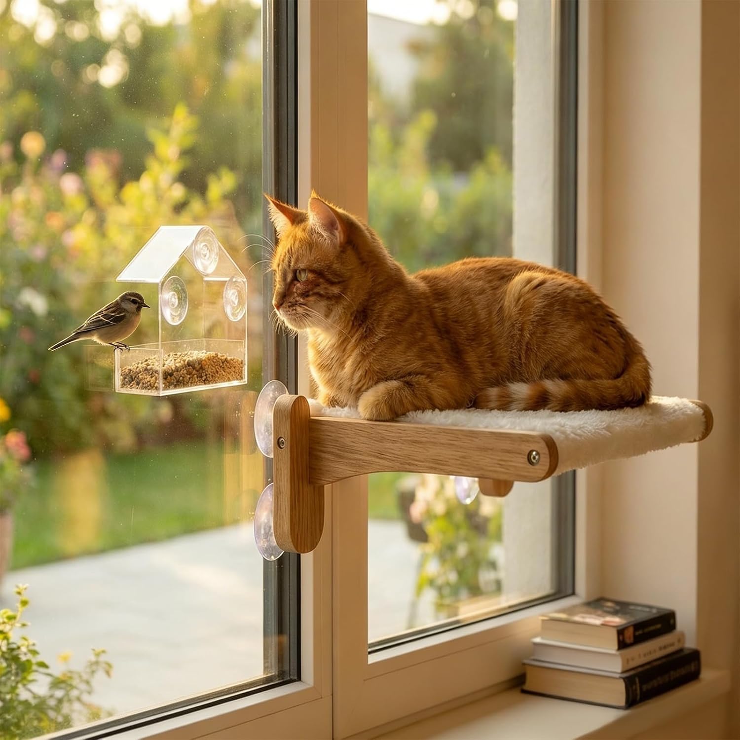 Cat Window Perch with Bird Feeder – Upgraded Bird Watching Solution for Indoor Cats, Foldable Cat Hammock Seat with Strong Suction Cups, Relieves Boredom & Stimulates Natural Instincts