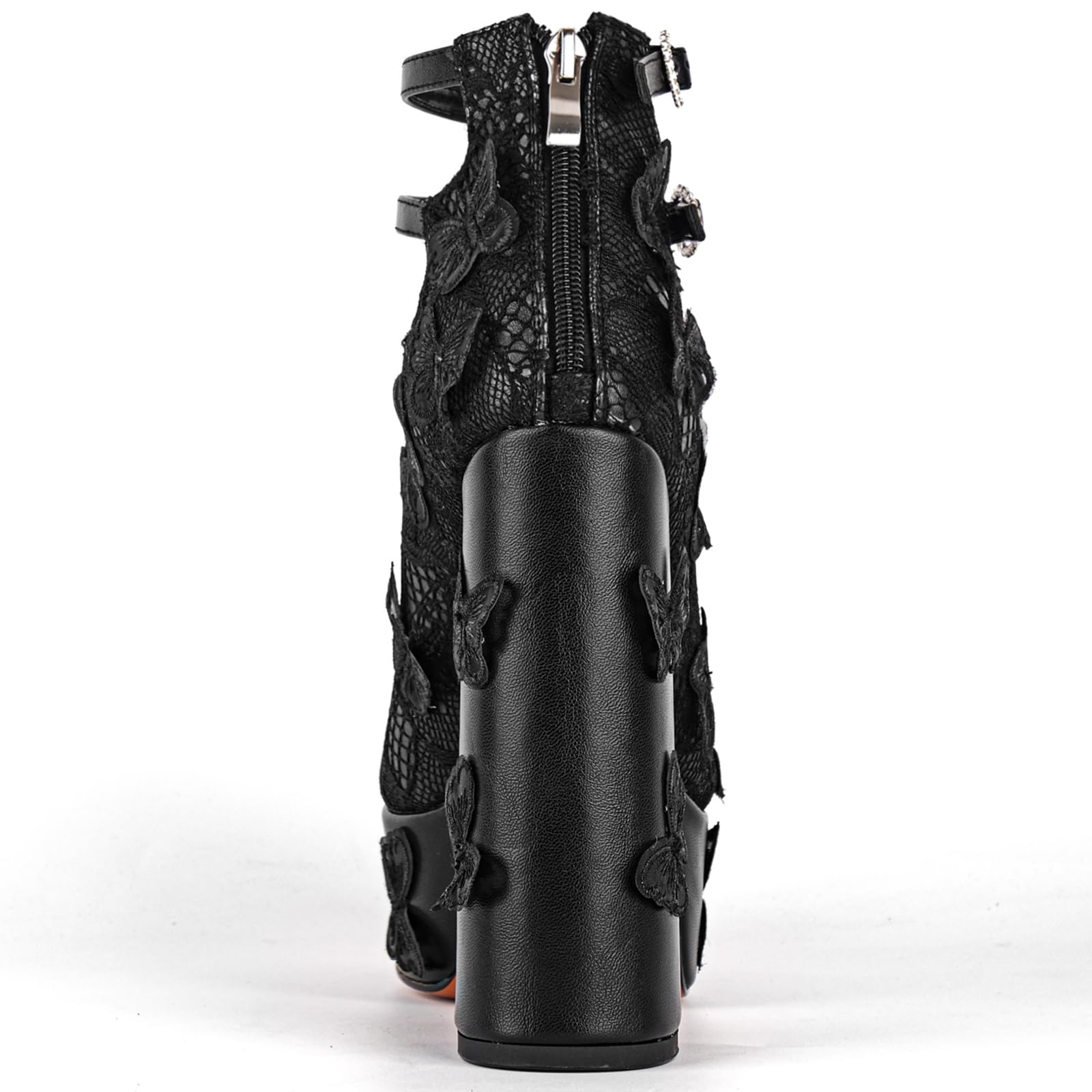 KISTANIA Women's Platform Chunky Heels with Lace Butterfly Square Toe Ankle Strap Mary-Jane Platform Pumps: 8 Black