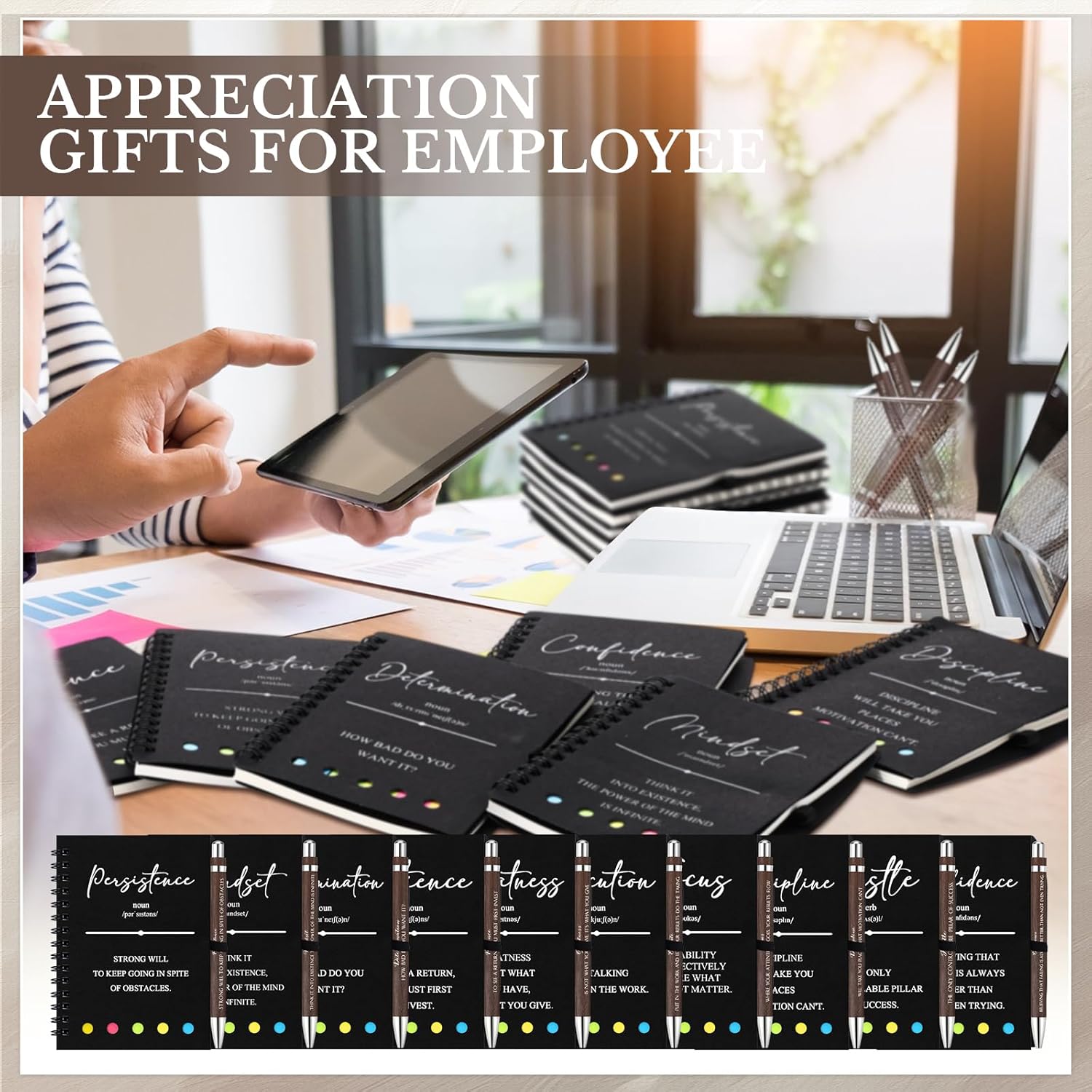 TecUnite Inspirational Phrases Spiral Notebooks with Sticky Notes Pen Bulk to Do List Weekly Goals Motivational Journal Graduation Employee Appreciation Gifts for Teacher Team Coworker Staff(Black)