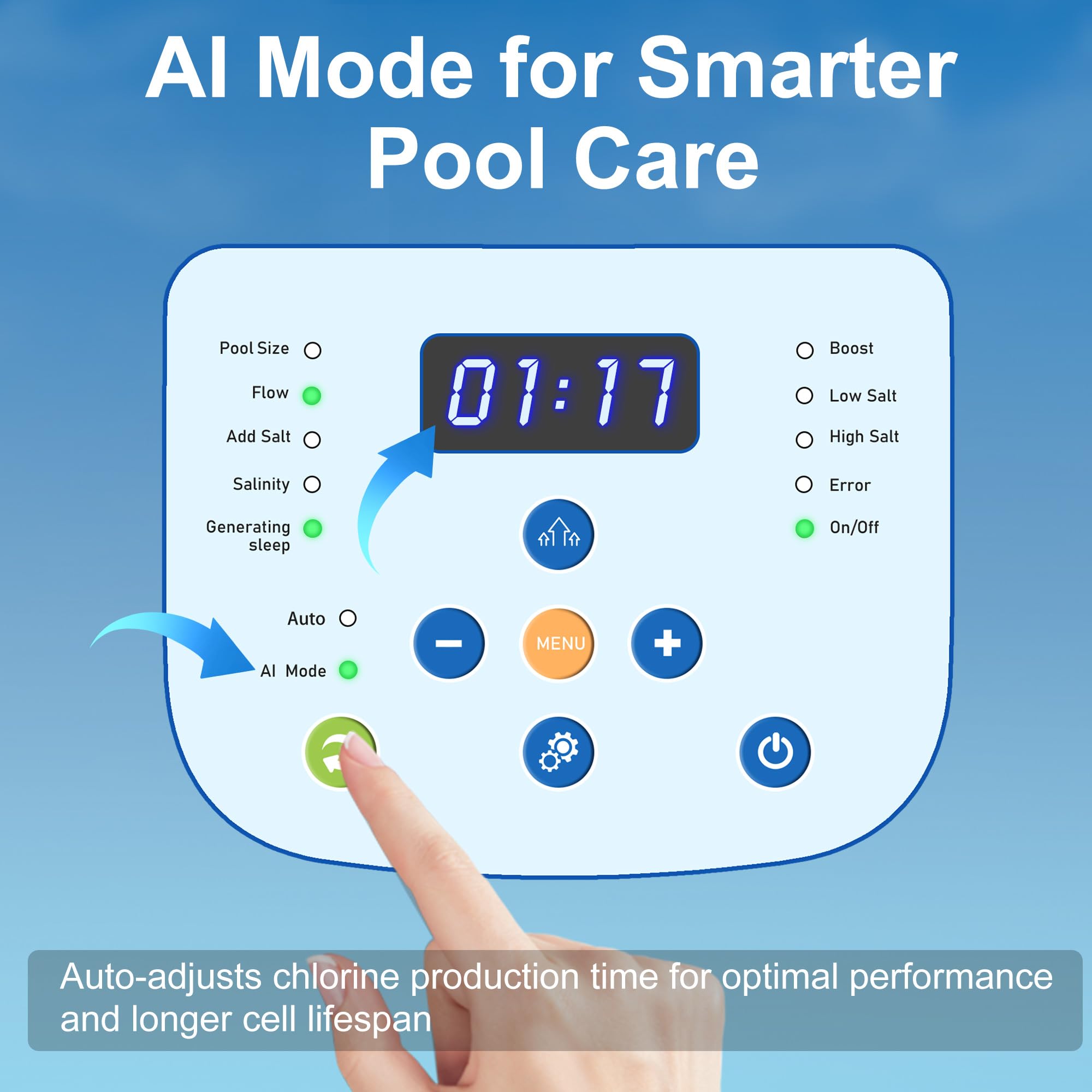 Chlorinateur d'eau salée pour piscines hors sol, système de piscine d'eau salée jusqu'à 5 000 litres, générateur de chlore salé autonettoyant, avec modes auto/AI, adaptateurs et bandelette de test