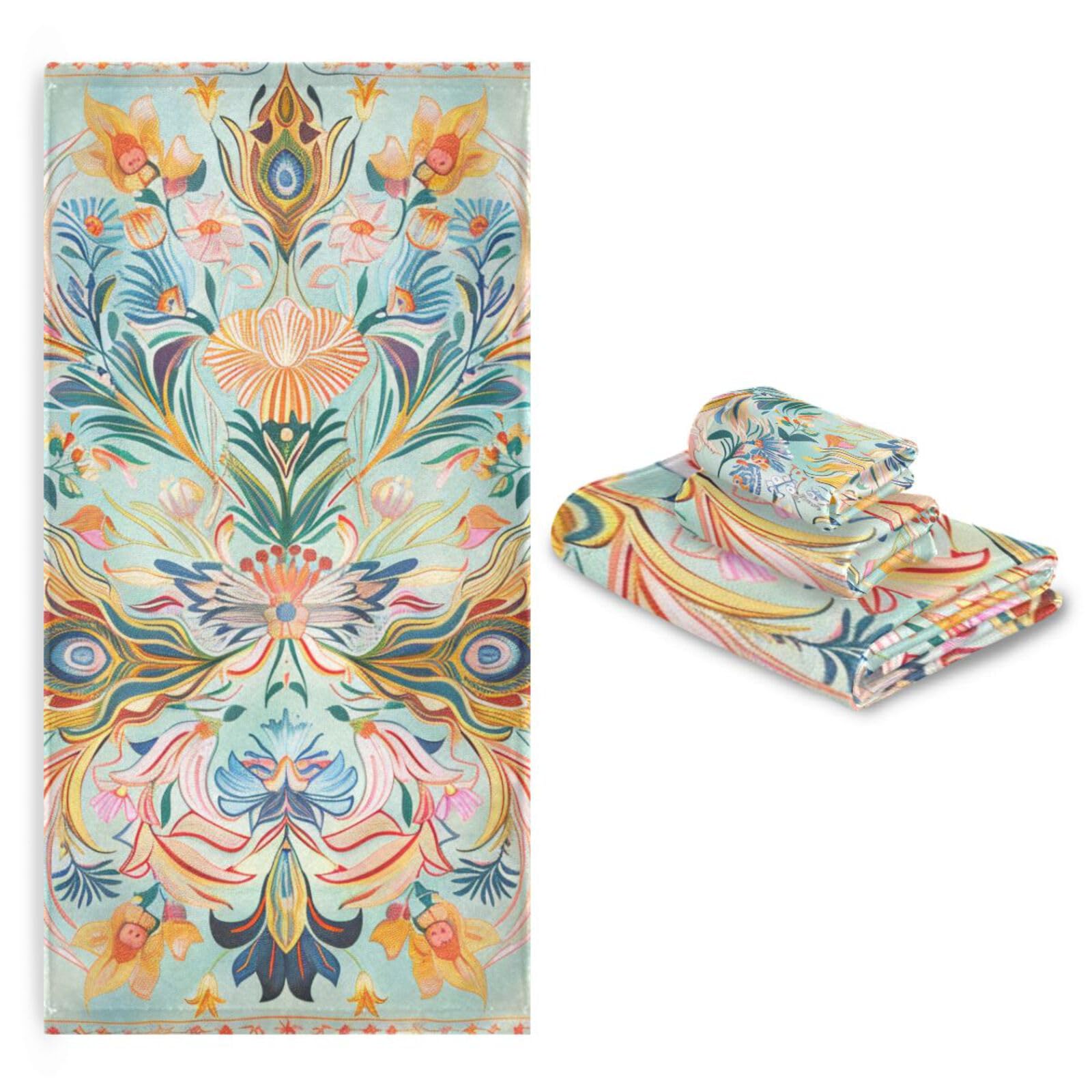 Set di 3 asciugamani da viso in microfibra con motivo floreale in stile bohémien, 1 asciugamano da bagno, 1 asciugamano per le mani, 1 panno per la casa, cucina, hotel, palestra, nuoto, spa