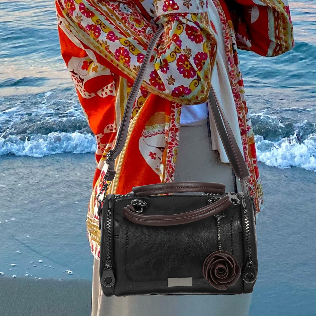 GALPADA Barrel Satchel Shape Handbag for Women Portable Shoulder Bag Polyester Lining Black