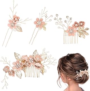 髪飾り 和装髪飾り ヘアアクセサリー ヘアコーム ヘッドドレス パール 花 4点セット 造花飾り 成人式 七五三 披露宴 パーティー 入学式 (Pink)